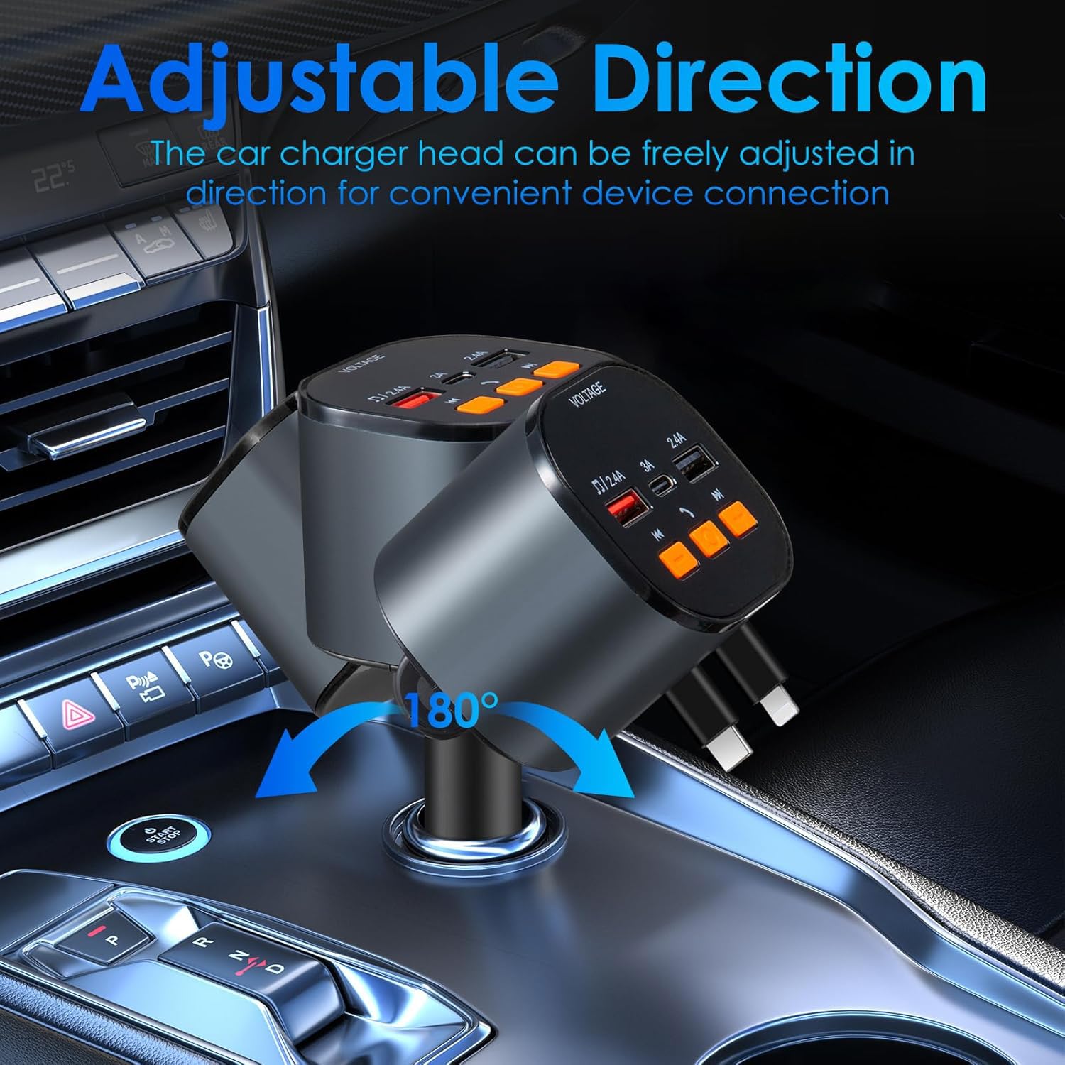 Einziehbares Autoladegerät, 5 in 1 Schnellladegerät, 90W Schnellladegerät, Bluetooth 5.3 FM Transmitter Adapter, Freisprechen, 2 einziehbare Kabel und USB-Ladegeräte für iPhone 15/14/13