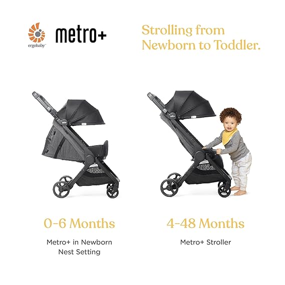 Ergobaby Metro+ Compact Baby Stroller, Lightweight Umbrella Stroller Folds Down for Overhead Airplane Storage (Carries up to 50 lbs), Car Seat Compatible, Black
