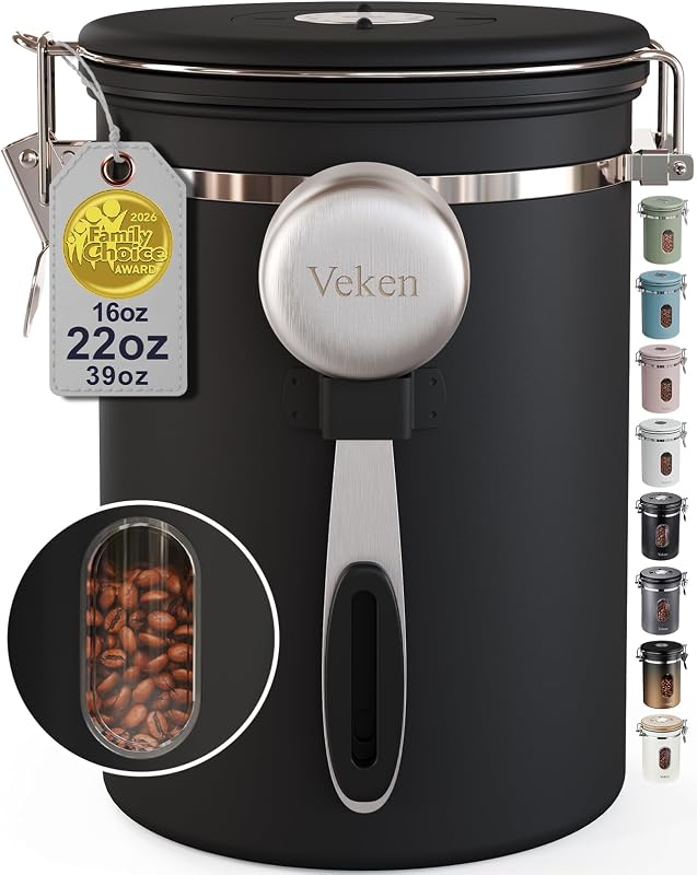 Veken Coffee Canister with Window, Airtight Stainless Steel Container, 22OZ | Kitchen Food Storage Pantry Organizers for Beans,Ground,Espresso,Rice,Tea,Sugar,Bar Accessories,Gifts,Lids,Jars, Scoop, Black