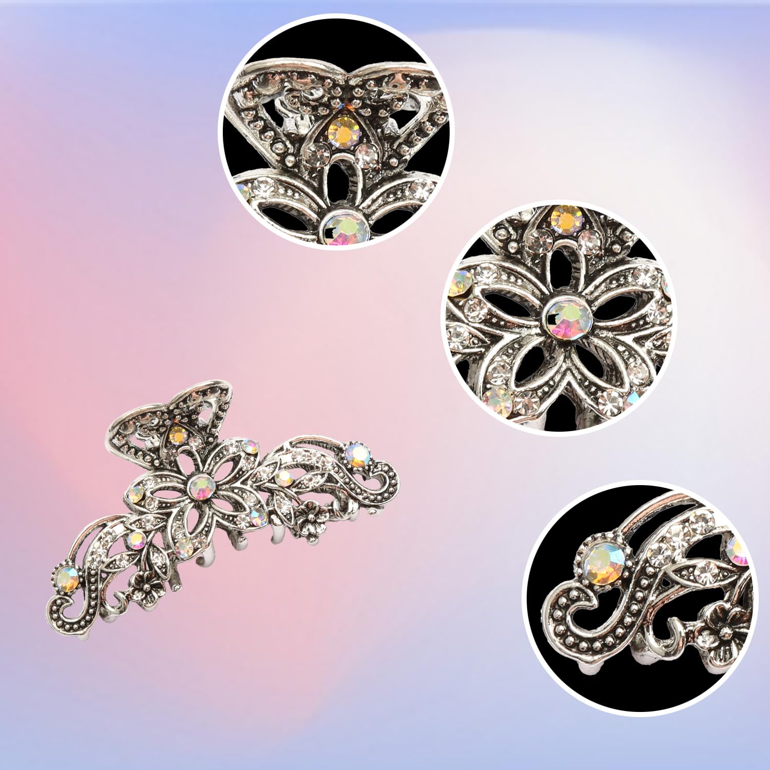 Tabanzhe Vintage Hair Claw Clip-Shiny Rhinestone Hollow Flower Claw Sparkly Gems Retro Metal Hair Grip Clamp for Women Girls Wedding Bridal Decoration - Image 3