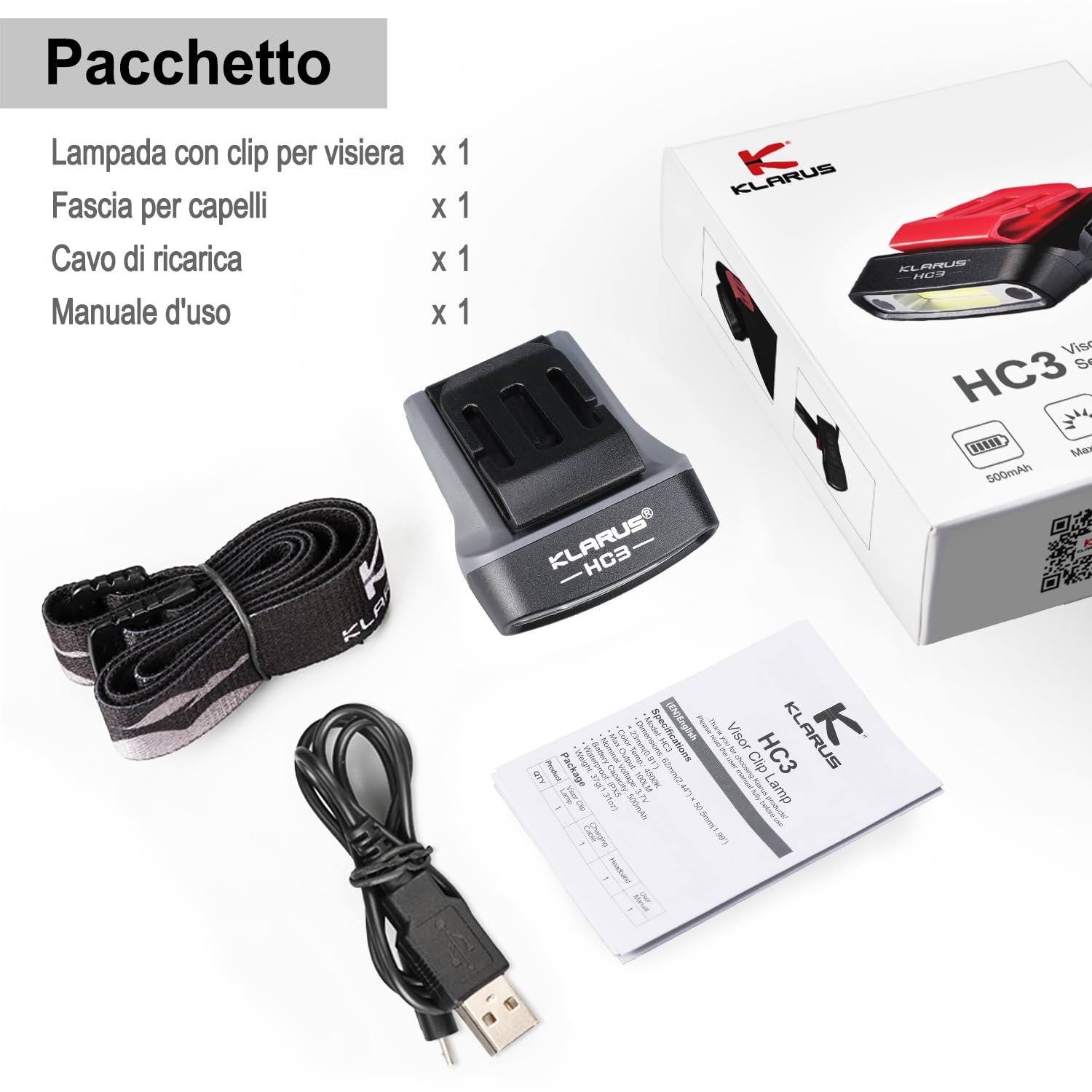 Klarus HC3 LED Clip Sulla Luce del Cappuccio, Lampada Frontale Con Luce Bianca e Rossa, Controllo del Sensore, 5 Modalità Dimmerabili, per Caccia, Campeggio, Pesca