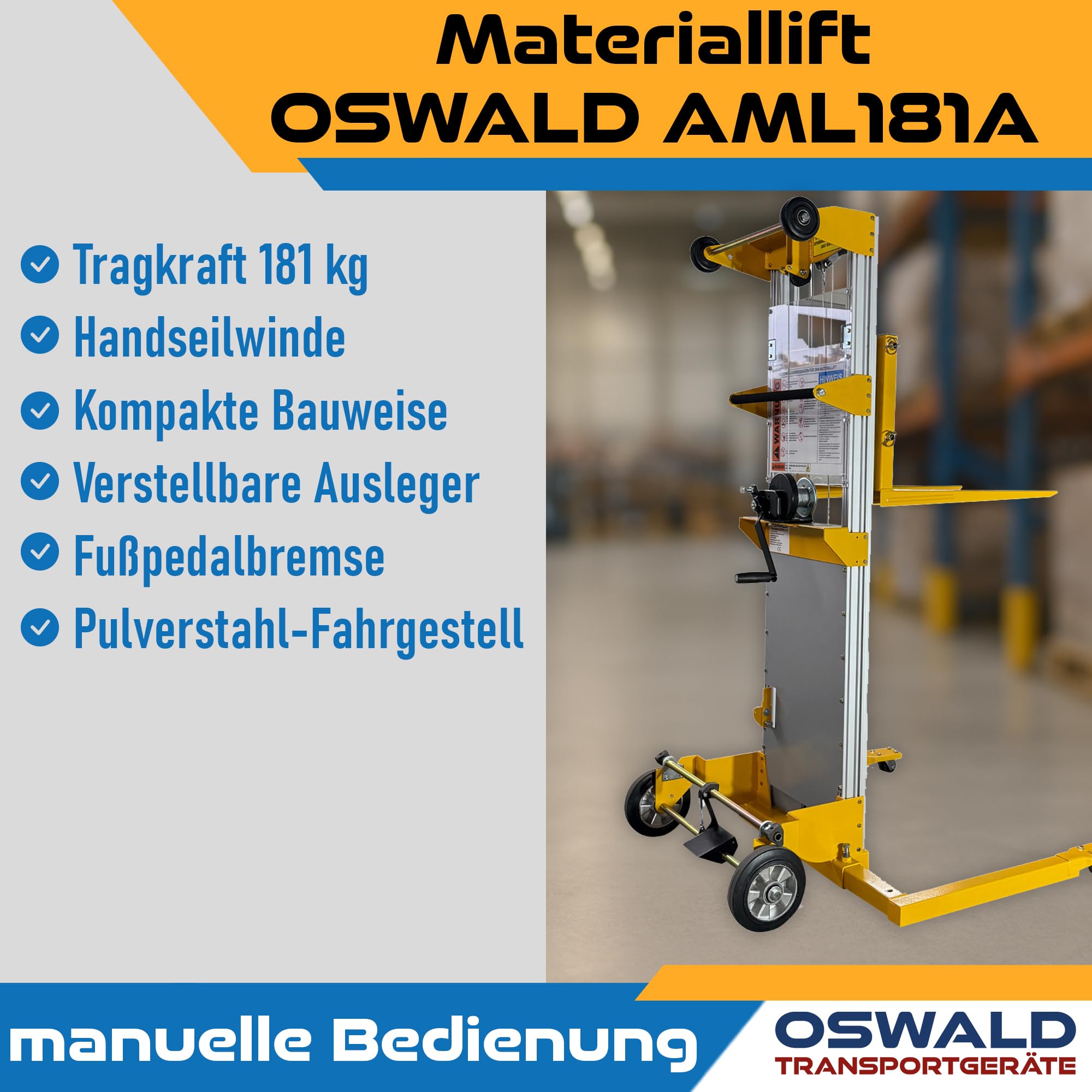Materiallift AML181A verstellbare Ausleger - 181 kg Tragkraft - 2.500 mm Hubhöhe - Handstapler