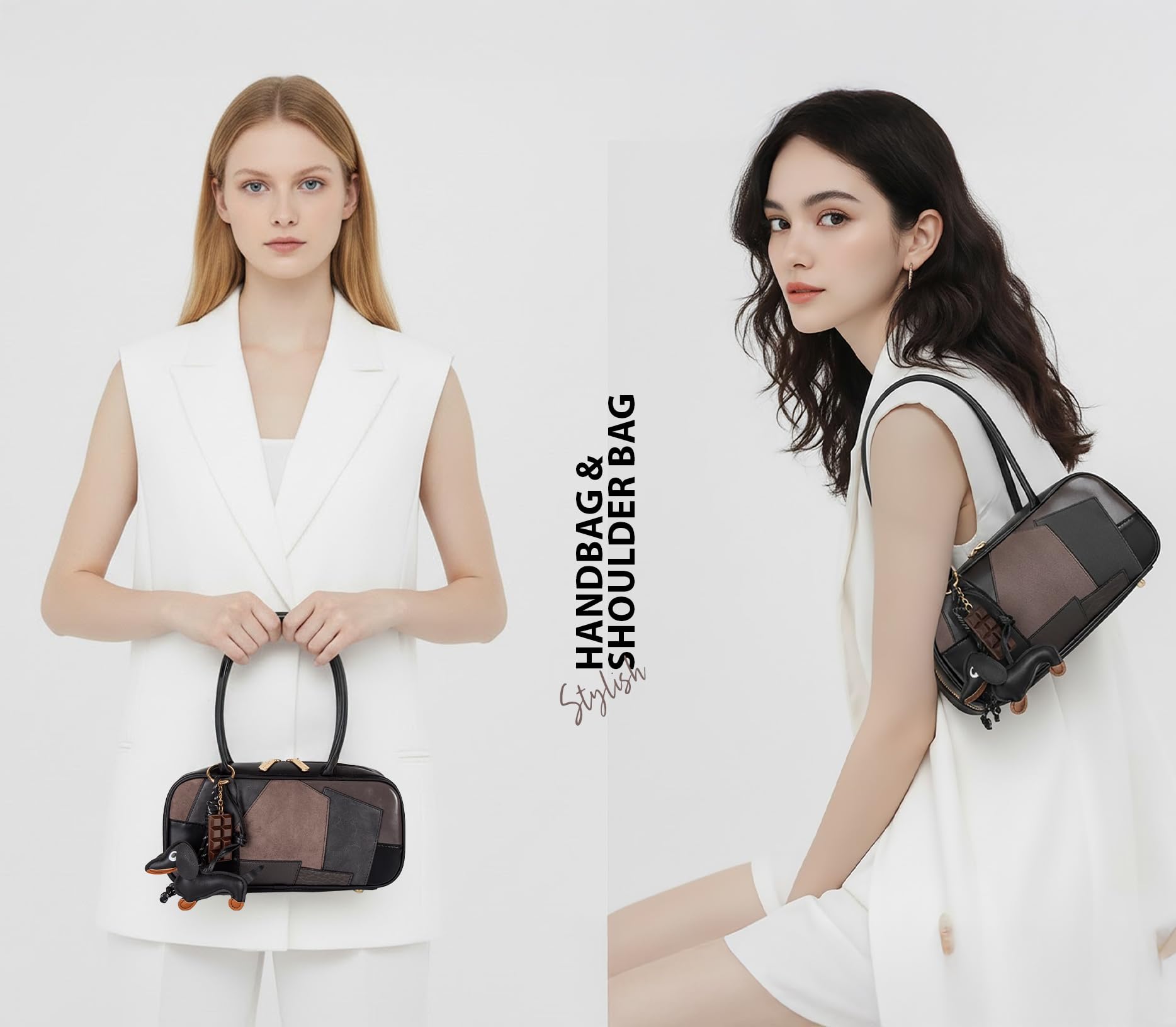 Woodland Leathers Borsa a mano da donna, borsa a tracolla in ecopelle patchwork per donne, elegante mix di pelle scamosciata e morbida toppa lavorata su borsa baguette firmata