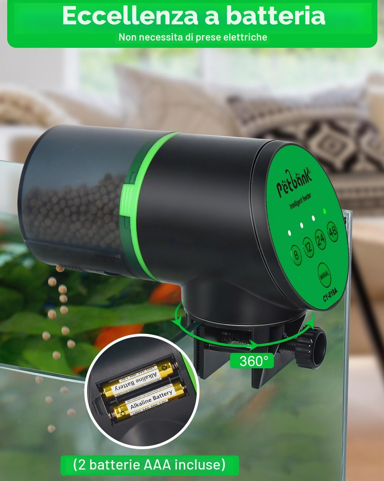 Mangiatoia automatica per acquario, distributore automatico di cibo per pesci, timer vacanze alimentato a batteria, alimentatore automatico per pesci, distributore automatico con 2 batterie