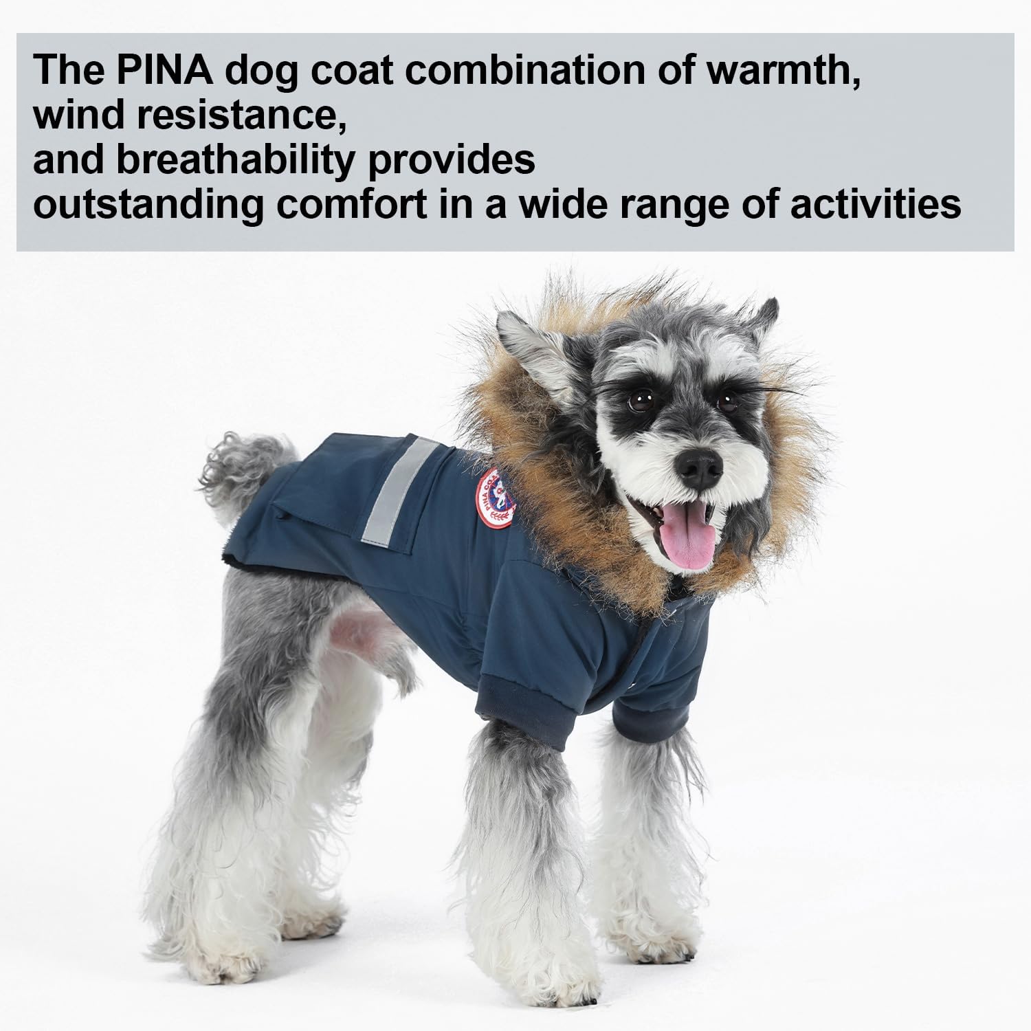 PINA Dog Coats – Waterproof Winter Jacket with Flannel Lining, Faux Fur Hood & Pocket for Small Dogs