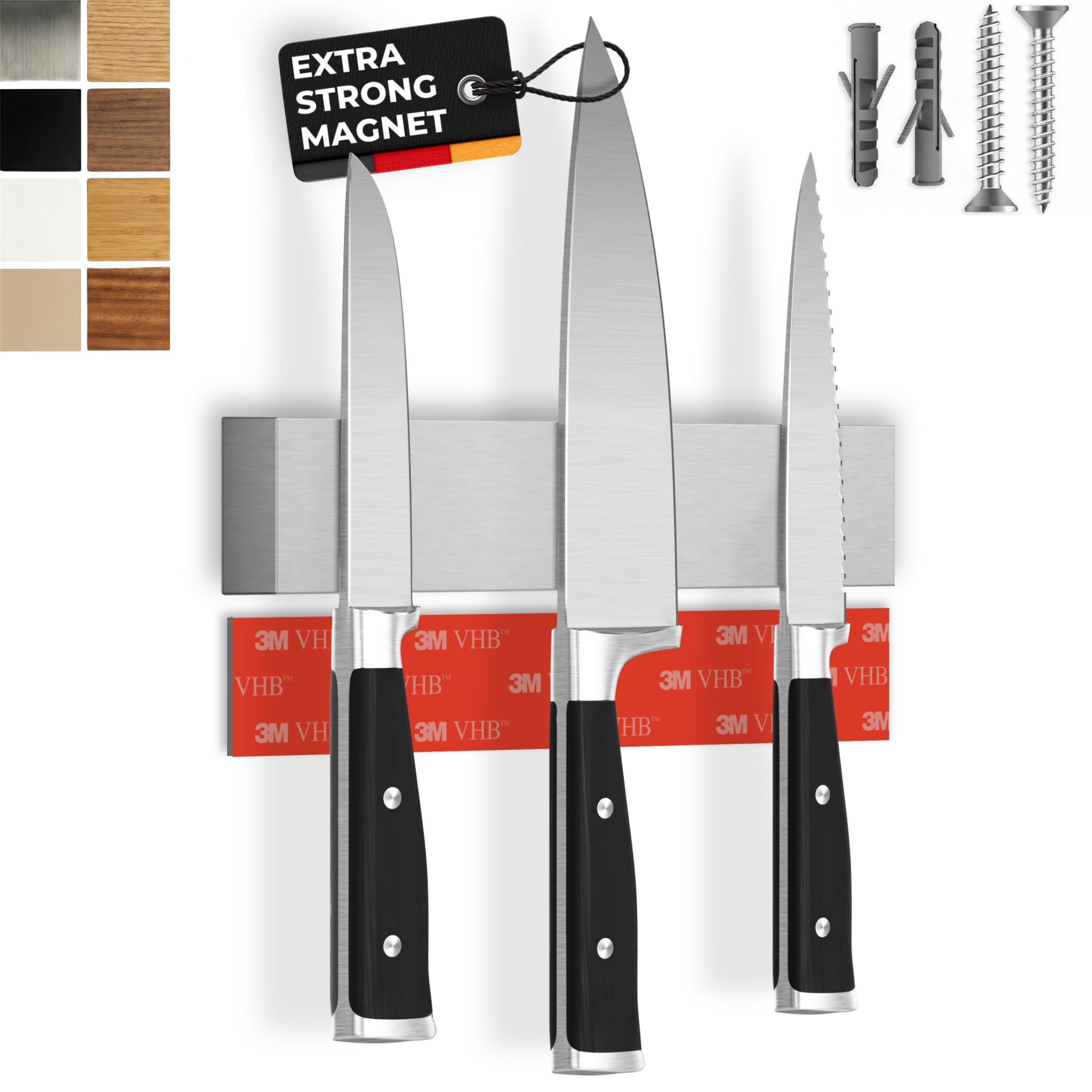 Porte Couteaux de Cuisine magnétique avec aimant extra fort - Installation facile avec la bande adhésive 3M, Aimant couteau mural en acier inoxydable - 25cm