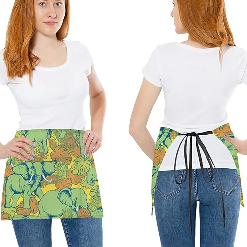 Miniatura 2 de Abstract Tropical Elephant 3 Pack Server Aprons with 3 Pocket Waterproof Womens Half Waist Aprons for Cooking Dishwashing Kitchen Gardening Salon