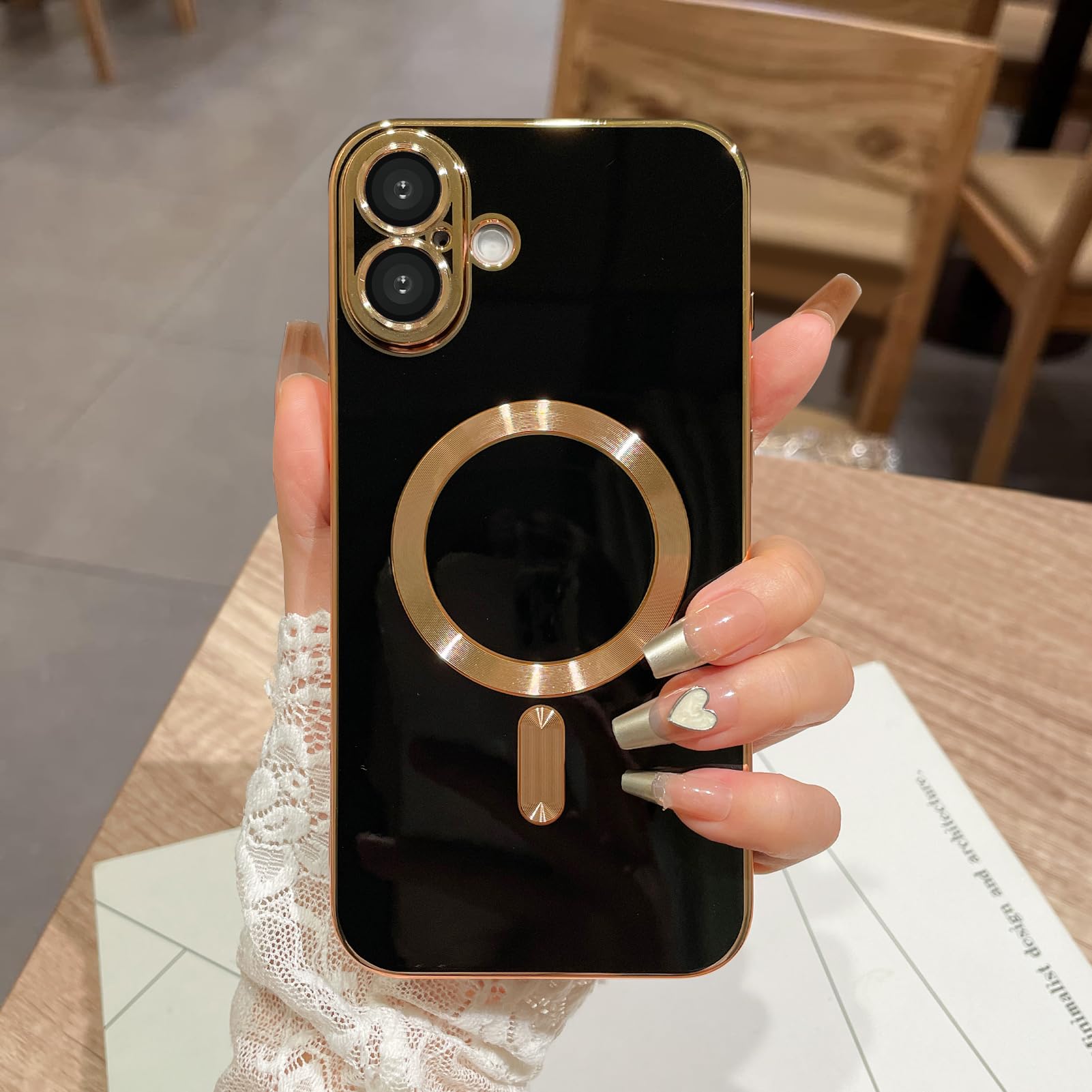 OOK Magnatic Case for iPhone 16 Case [Compatible with MagSafe] Full Camera Lens Protector Gold Electroplate Edge Soft TPU Shockproof Protective Phone