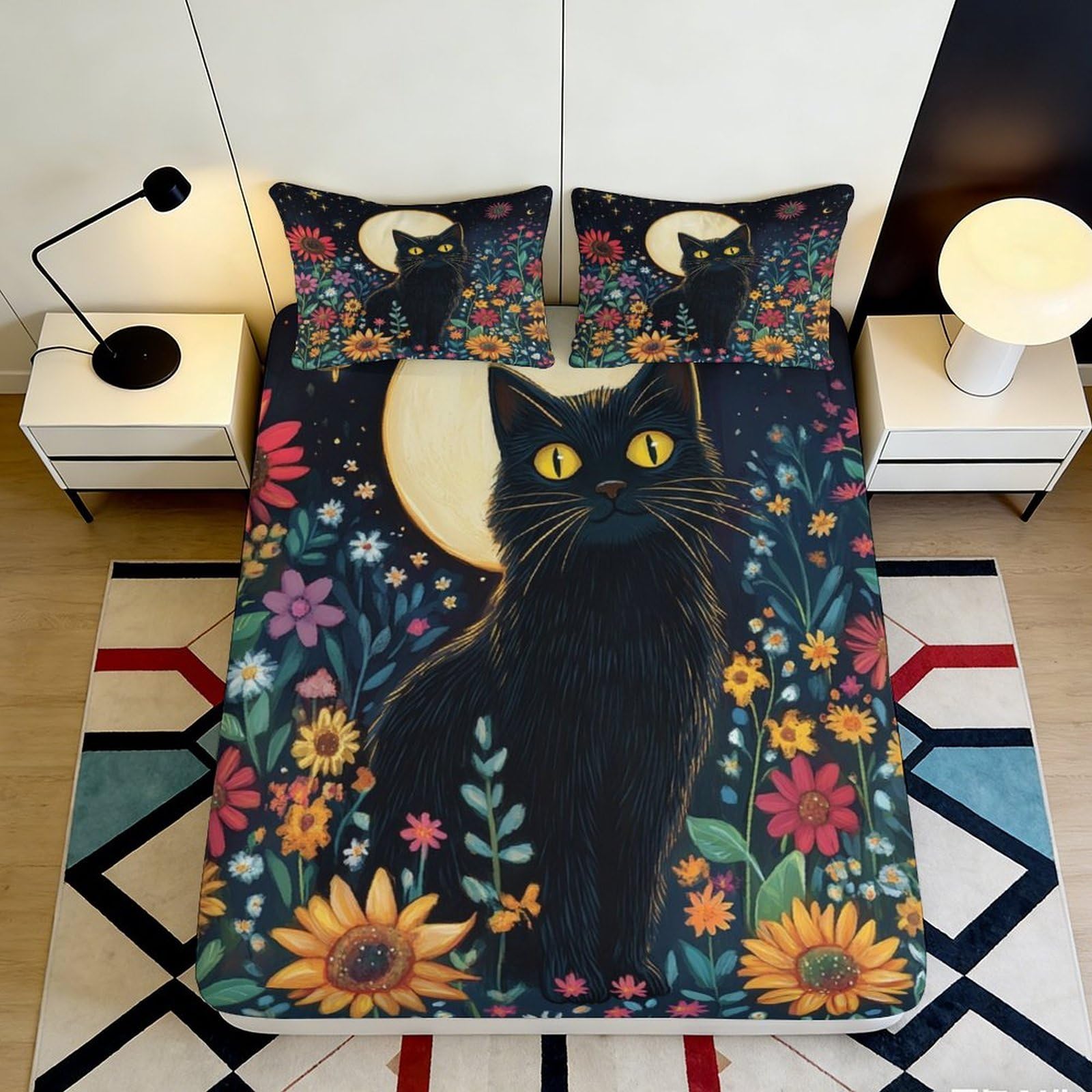 3D Printed Black Cat Floral Fitted Sheet Microfiber Soft Breathable Moonlight Bed Cover for Bedroom Dormitory Guest Room Mattress Protection 120x200x25cm