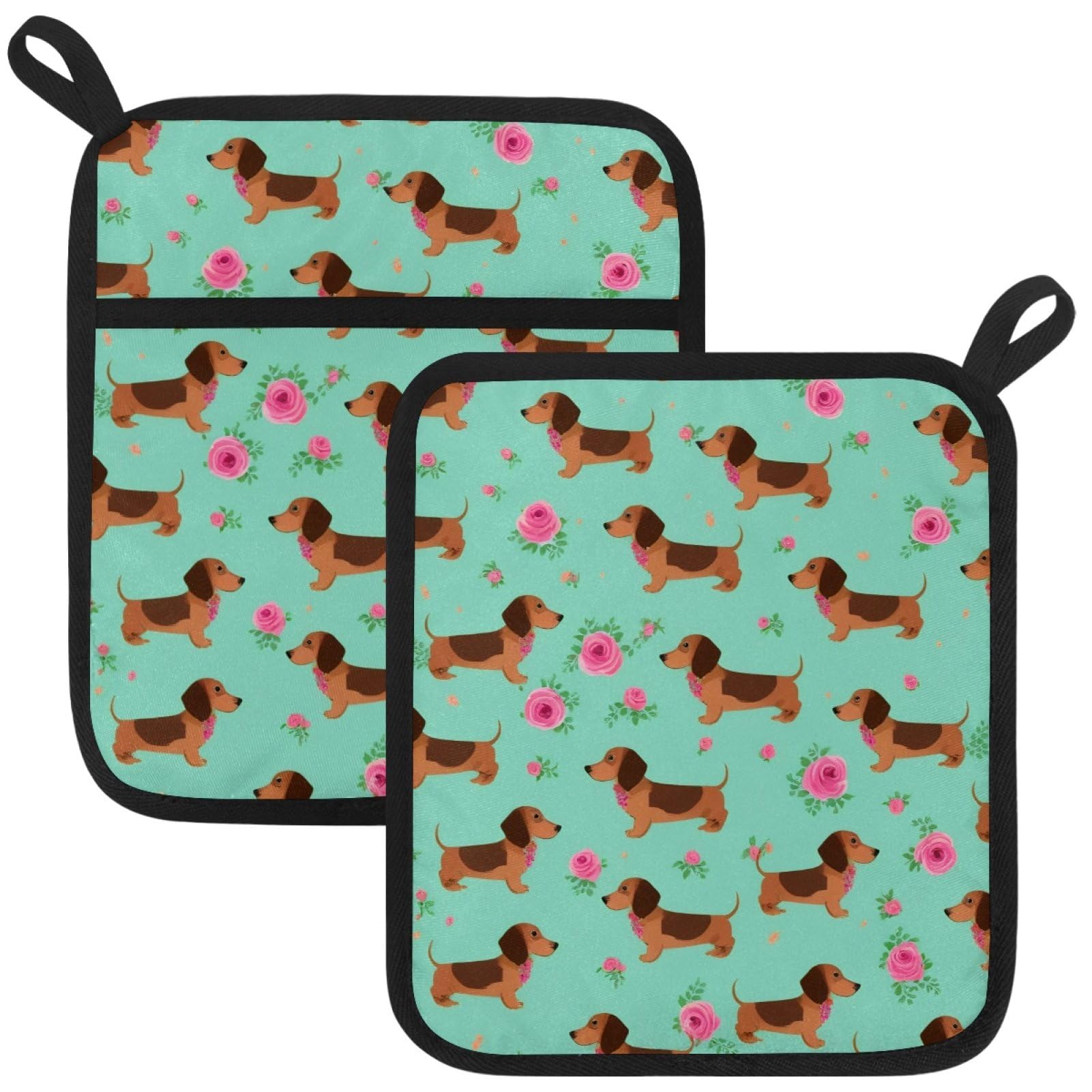 VAPOKF Dachshund Flower Heat Resistant Pot Holders, Thick Pot Holders Pad with Hanging Loop for Kitchen, Oven Cloth Pads for Kitchen Baking Microwave Oven