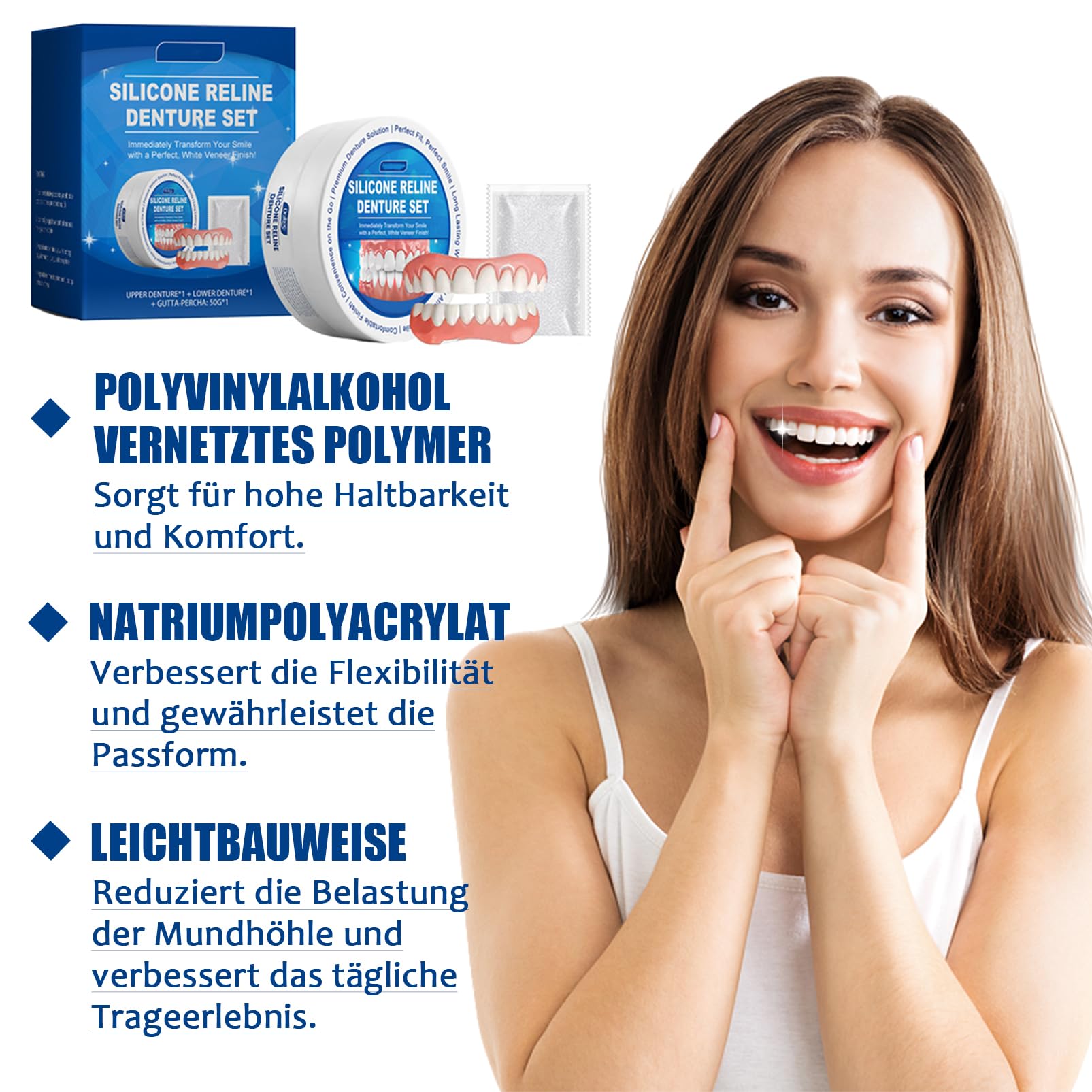 Silicone Reline zestaw do zębów, zestaw silikonowych protez zębowych, kompletny zestaw protez, wygodne protezy silikonowe, miękkie protezy do nakładania, kosmetyczne, tymczasowe protezy