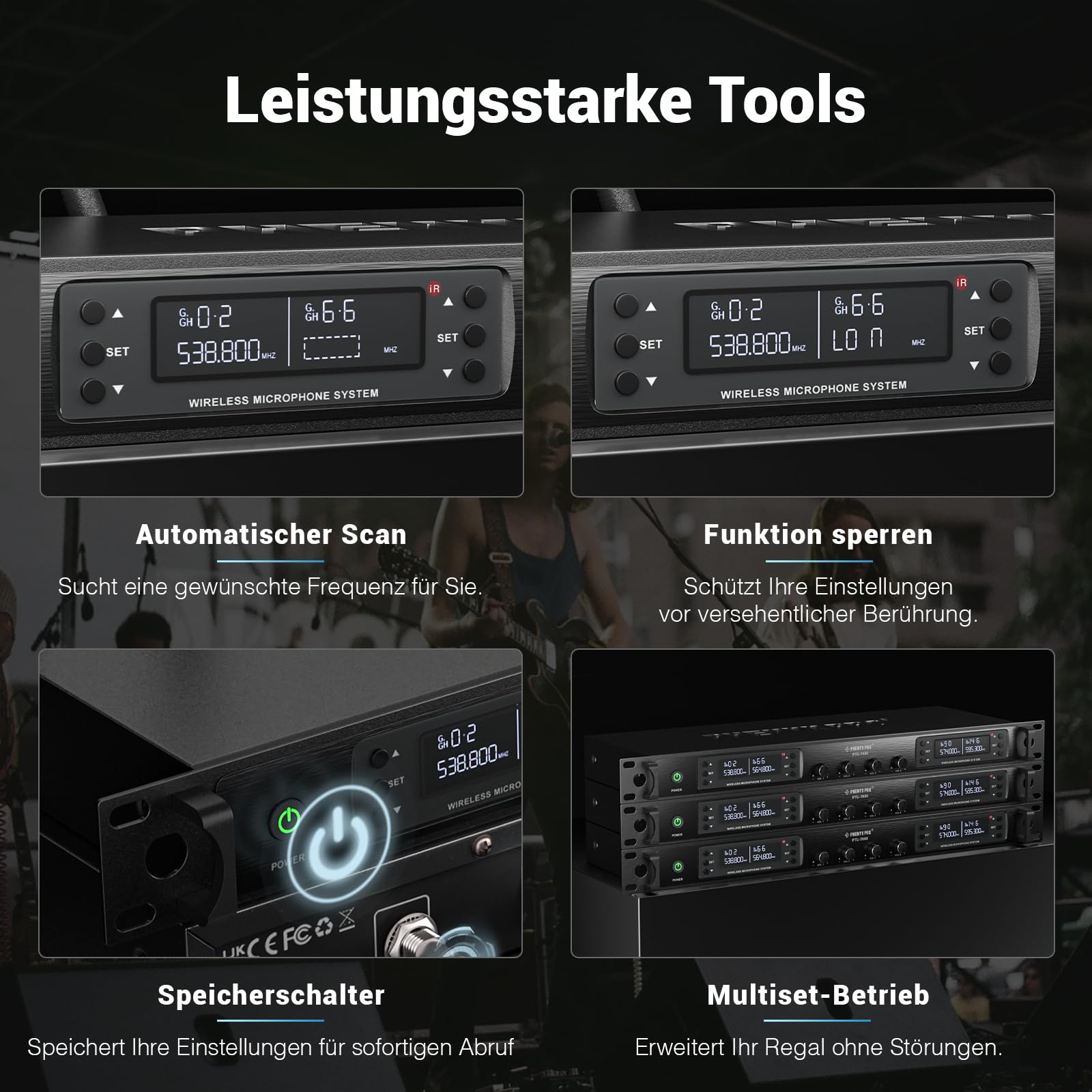 Phenyx Pro 4-Kanal-Drahtlos-Mikrofon-System, UHF Auto Scan Cordless Mic Set, 4 Bodypacks mit Headsets/Lapel Mics, 4x40 Frequenzen, 328ft Reichweite, Mikrofon für Kirche, DJ, Meeting (PTU-7000-4B)