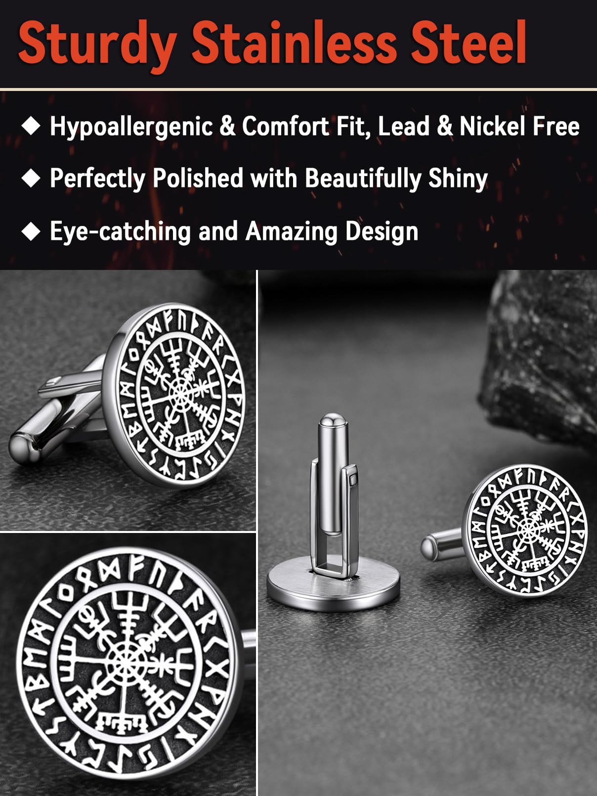 FaithHeart Gemelos Vikingos Hombres Acero Inoxidable 316L Gemelos Camisa Hombre Gemelos Religiosos Runas Vegvisir Celta Amuleto Padre