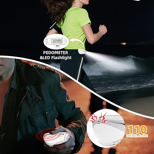 Miniatura 7 de Rastreador de fitness, contador digital de pasos con linterna LED y sirenas de alarma personal, altavoces extra fuertes de 110 dB para mujeres,