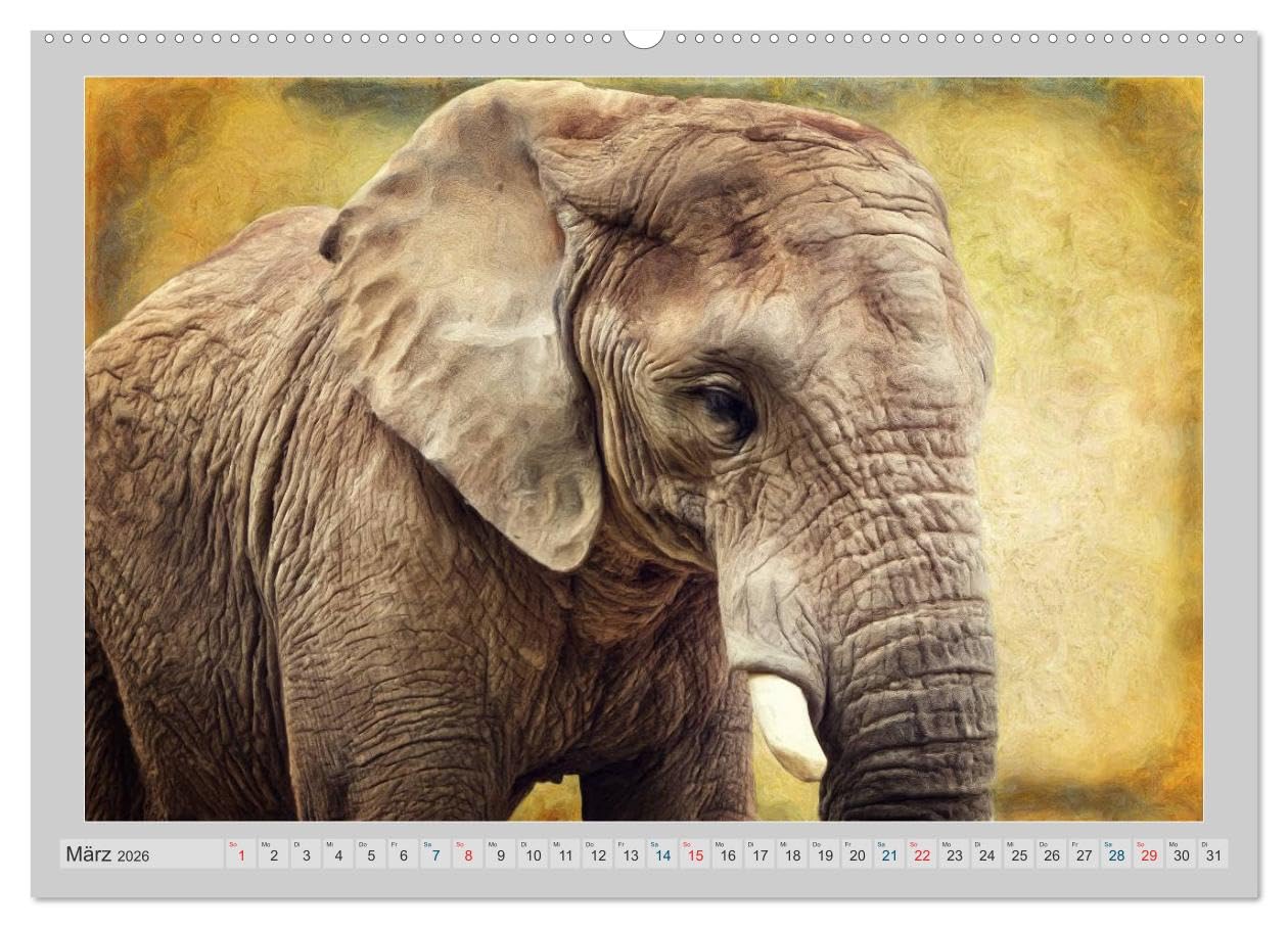 Elefanten - Portraits der besonderen Art (Wandkalender 2026 DIN A2 quer), CALVENDO Monatskalender: Wunderbare Portraits der grauen Riesen - digital gemalt. (CALVENDO Tiere)
