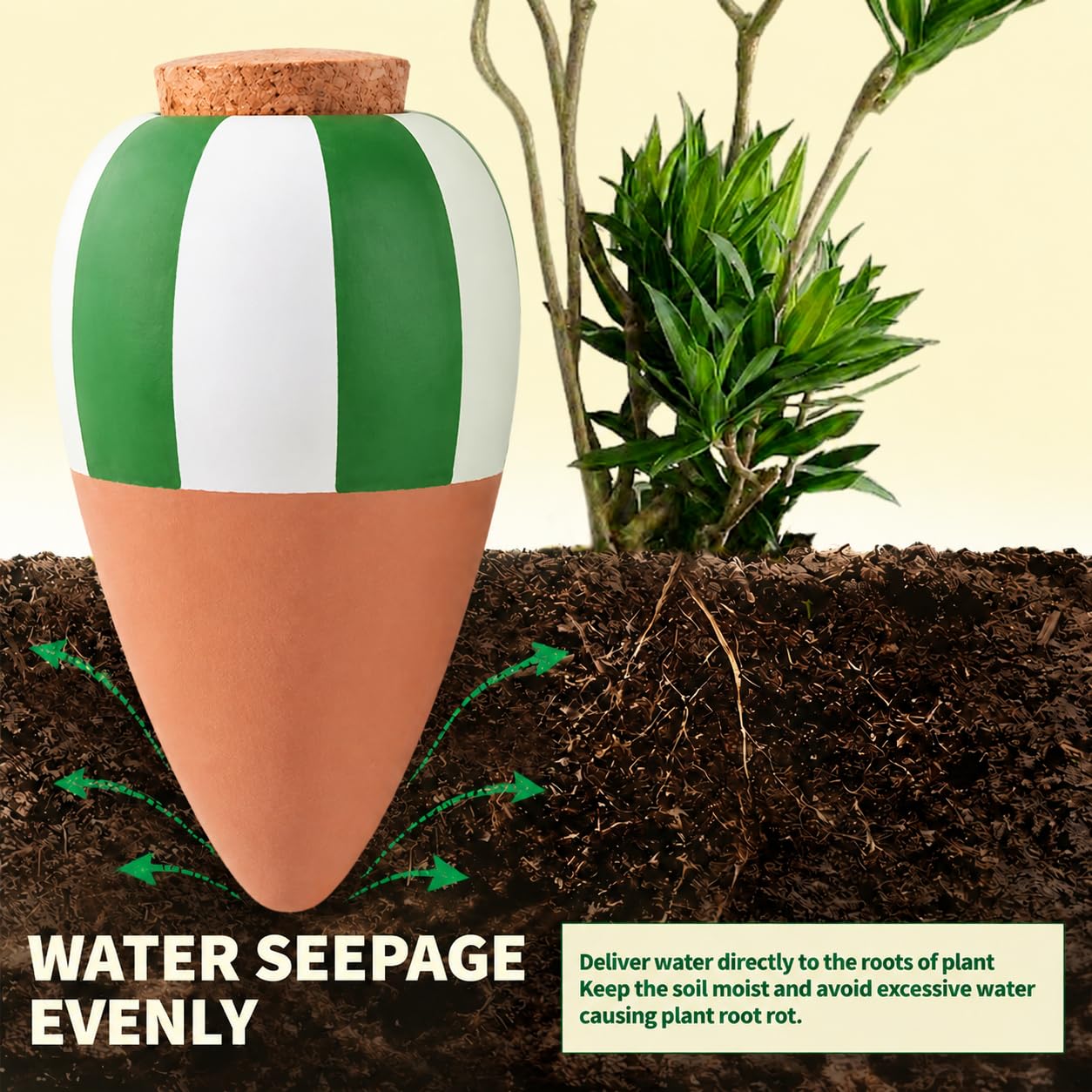 Riego automático para Plantas Interior, Conos de Riego de Terracota 4Pcs, Regadera Plantas, Dispensador de Agua autorriego para macetas-Globos de Riego Goteo para Vacación Balcón (Verde)
