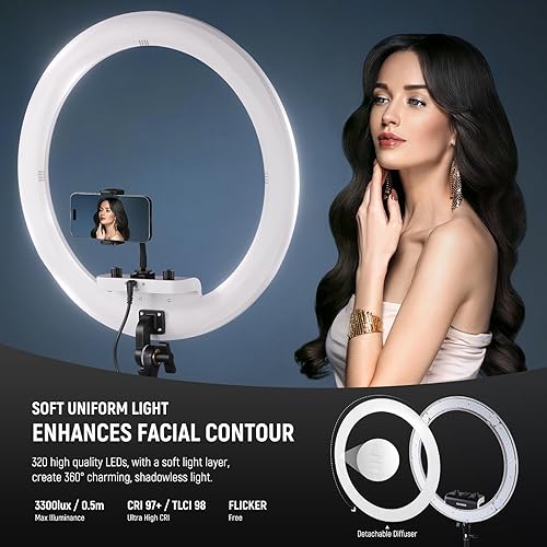 Miniatura 3 de NEEWER Anillo de luz profesional con soporte y soporte para teléfono, 18 pulgadas, ultra delgado, 45 W 2900K-7000K TLCI98, obturador remoto y