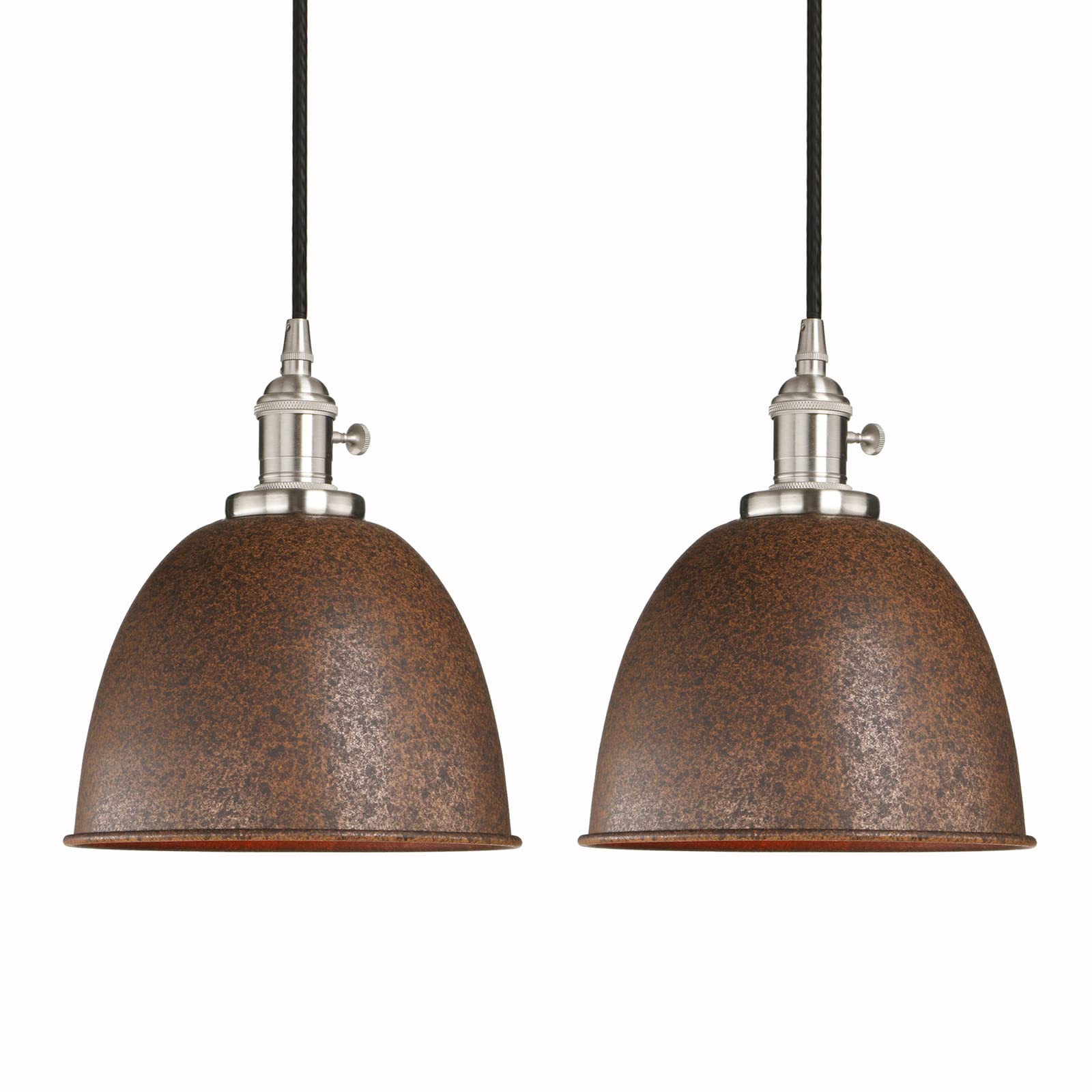 Phansthy Set of 2 Vintage Pendant Light with Switch Metal Dome Lampshade Hanging Lamps Ceiling Fitting Light Fixtures E27 Bulbs Brushed Steel Head Finish (Imitation Rust) — image 1