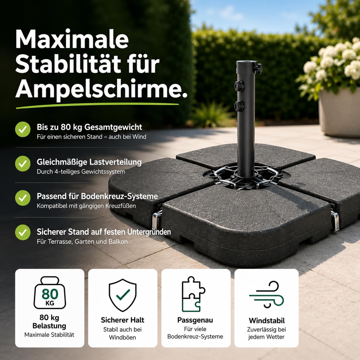 Pied de parasol pour parasol déporté - Poids remplissables pour croix de sol en plastique - Pied de parasol pour parasol - Pied de parasol déporté (4 pièces jusqu'à 80 kg, plastique)