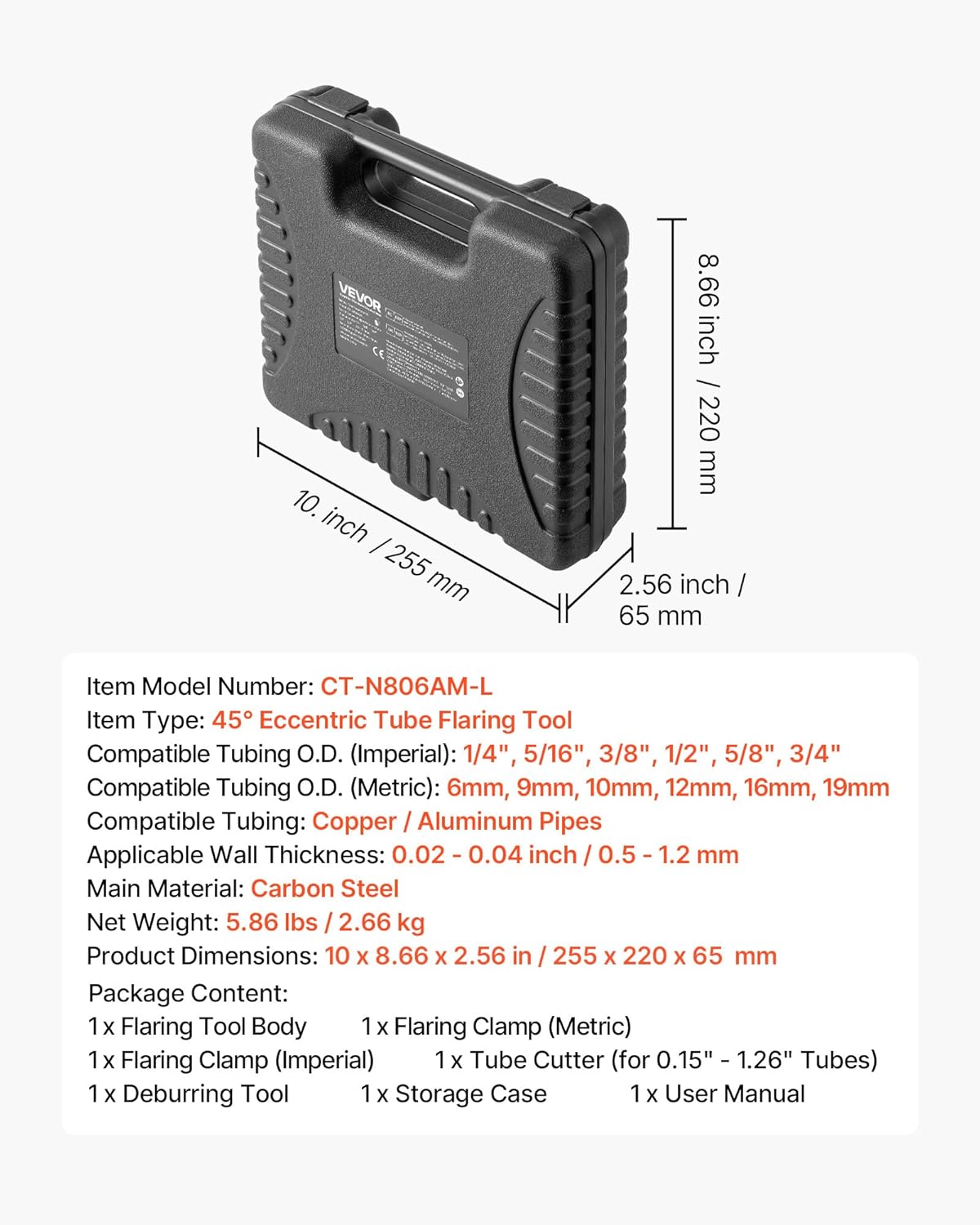 VEVOR Flaring Tool HVAC, 45° Eccentric Single Flaring Tool for 1/4"-3/4" & 6-19mm Copper Aluminum Tubes - with Metric & SAE Clamps, Tube Cutter & Toolbox for Refrigeration Air Conditioner Repair
