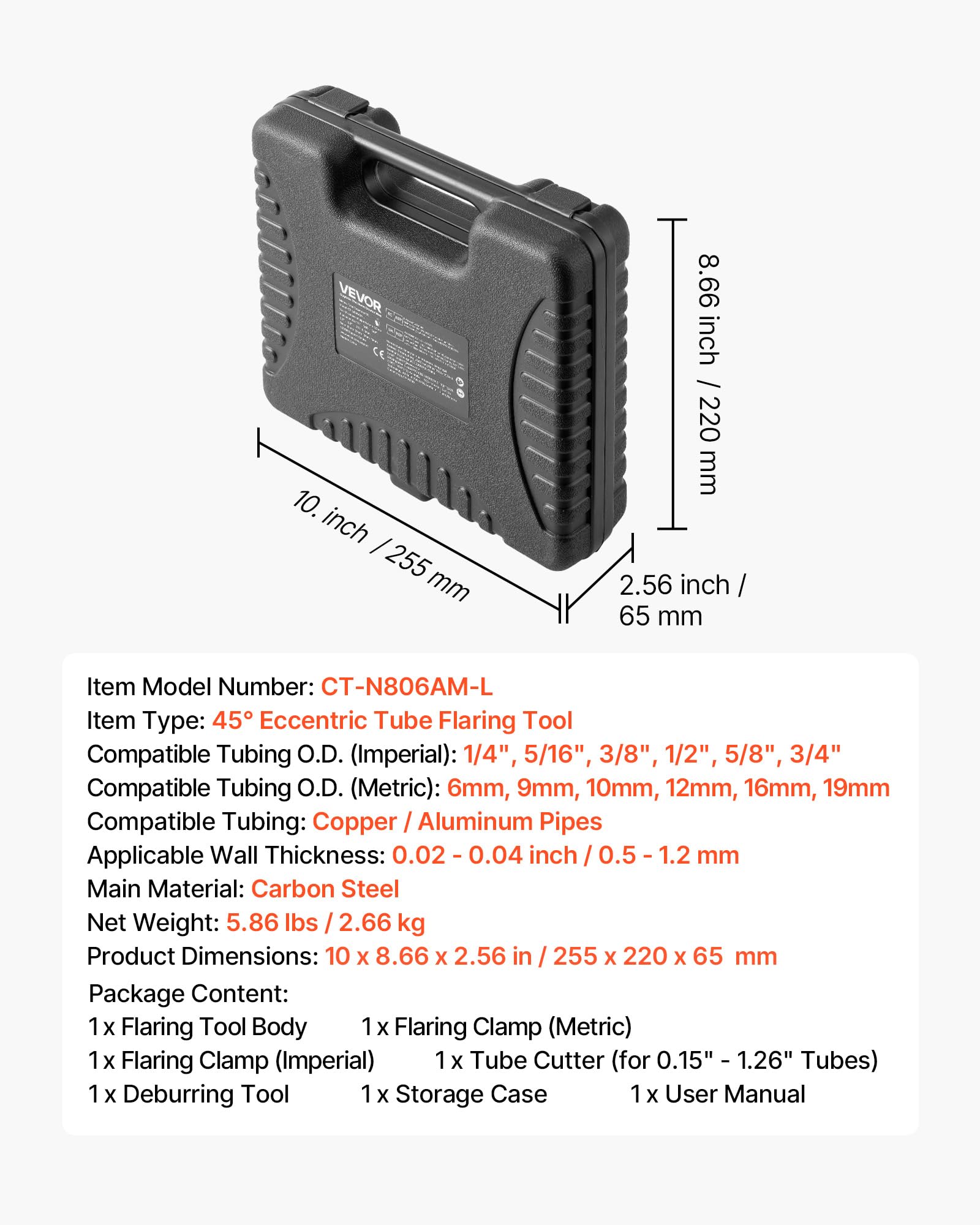 VEVOR Abocardador Tubo HVAC 9-16 mm 45° Cono Excéntrico Kit con Abrazaderas Cortatubos Desbarbador