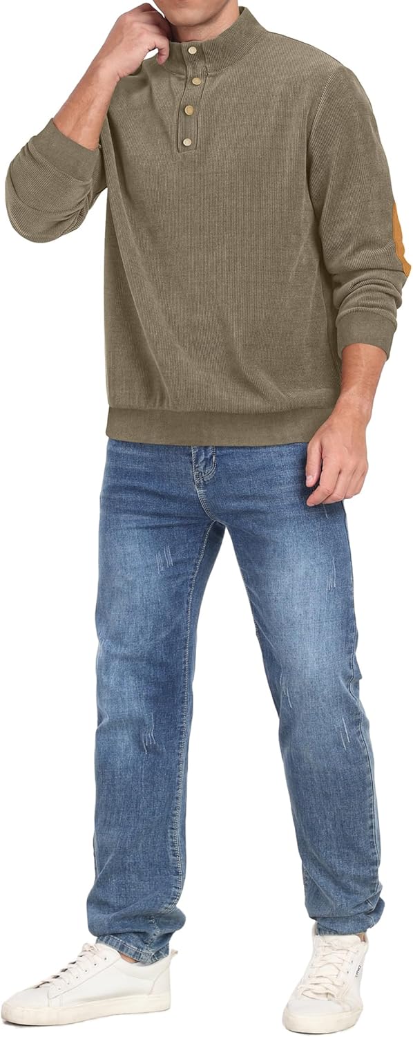 Mens Casual Corduroy Sweatshirt Long Sleeve Stand Collar 1/4 Button Up Pullover Fall Polo Sweaters - Image 5