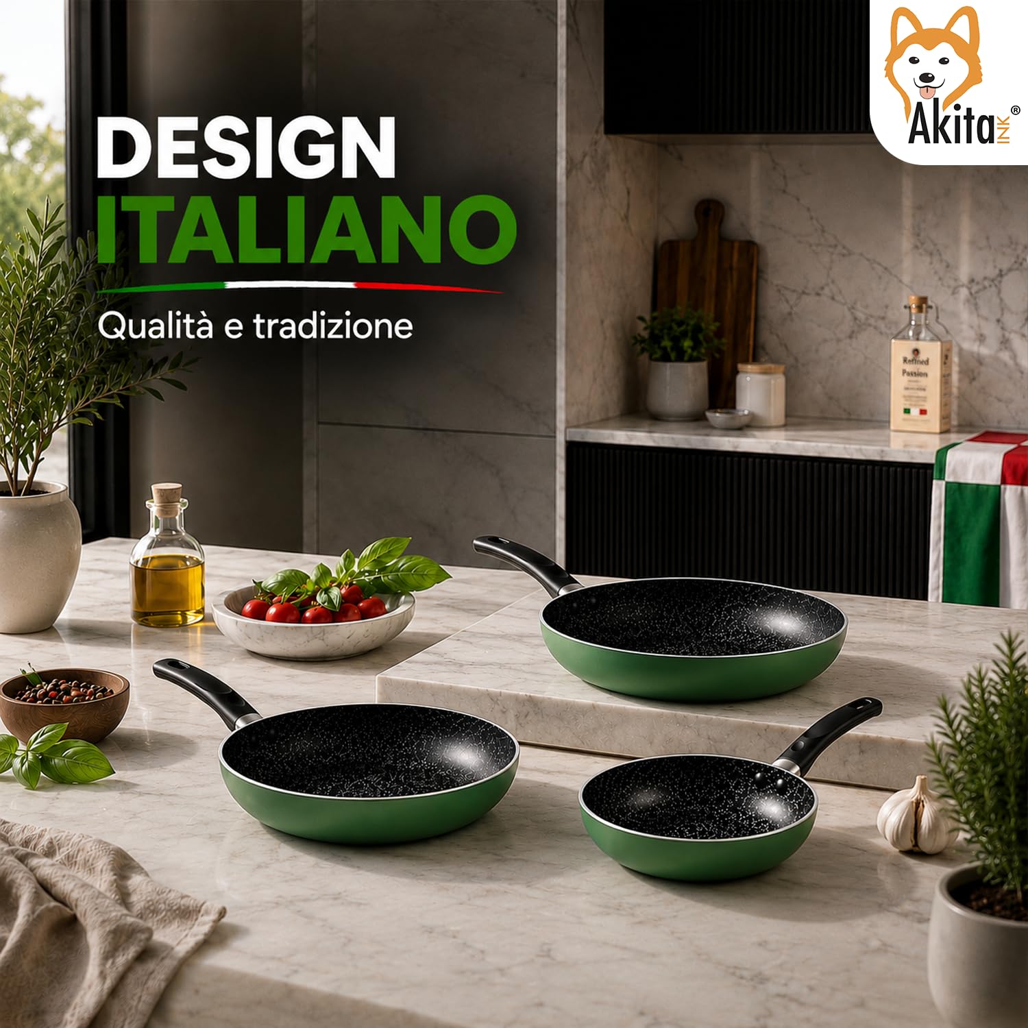 Akitaink Set 3 Padelle Antiaderenti Natura 20, 24 e 28 cm, Batterie di Padelle per Cucina Quotidiana, Resistenti e Pratiche