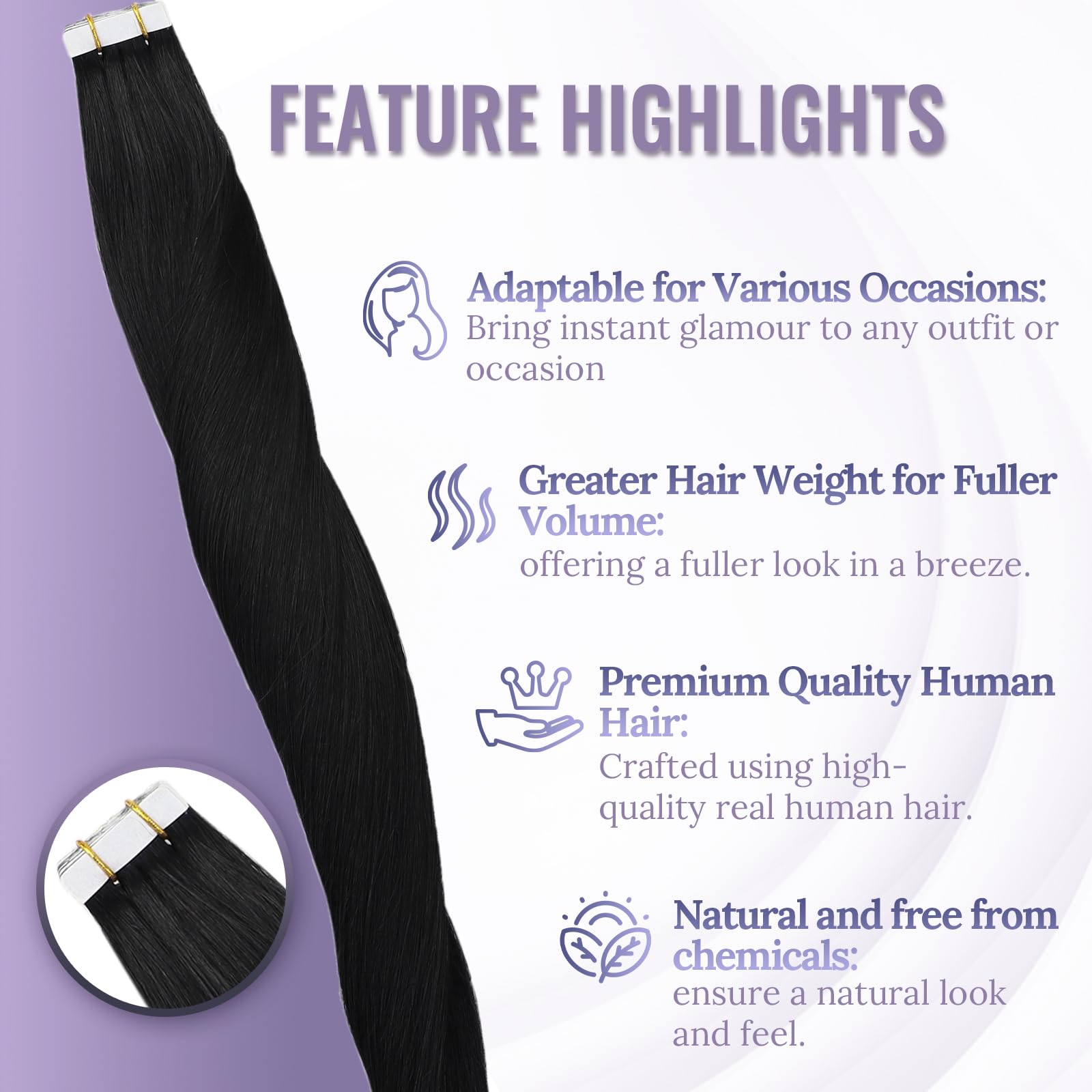 Fshine Estensioni Biadesivo Veri Capelli 50CM 20Pcs 50g Adesive Invisibili Capelli Umani Extension Naturale Neri Capelli Lisci Extensions Tape in Human Hair Extensions Remy #1B