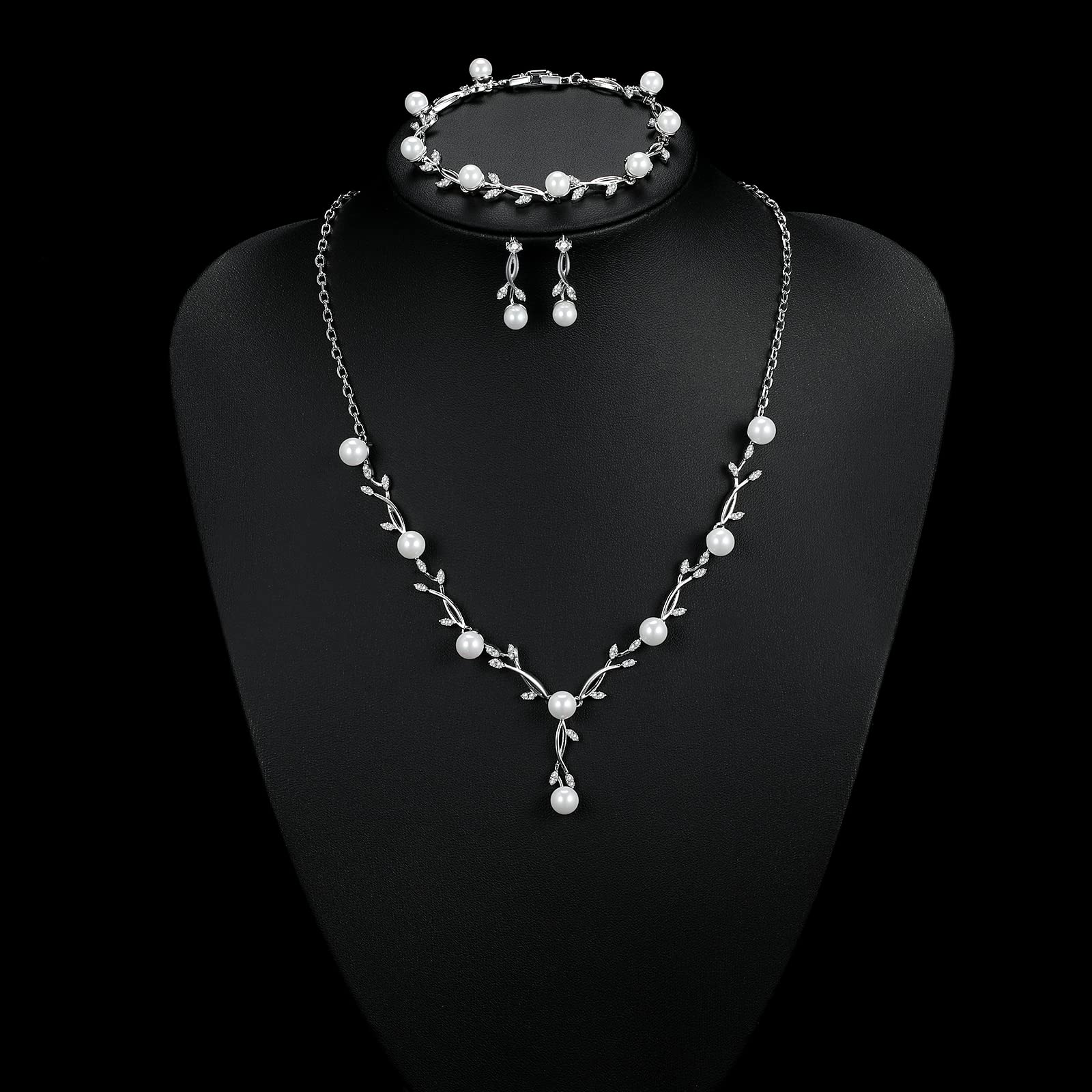 Hochzeit Schmuckset Silber Damen, Halskette Armband Ohrringe in Form eines Blattes mit Perlen und Zirkonia, Hochzeitstag Geschenke für Braut Frauen