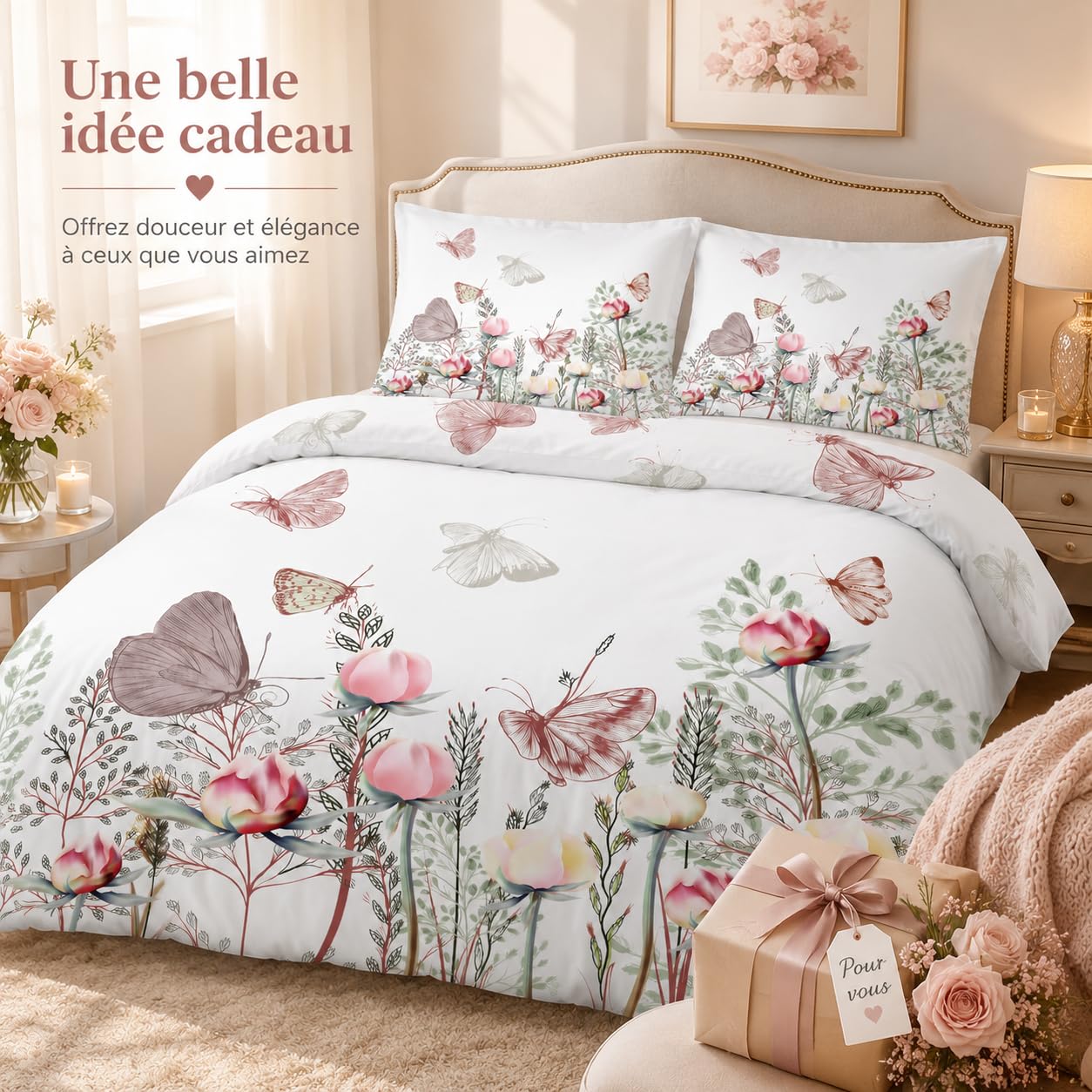 Housse de Couette 220x240 cm Blanche Fleur Parure de Lit Adulte avec Fermeture Éclair, Papillon Linge de Lit Parure Housse Couette 2 Personnes en Microfibre + 2 Taie d'oreiller 65x65 cm