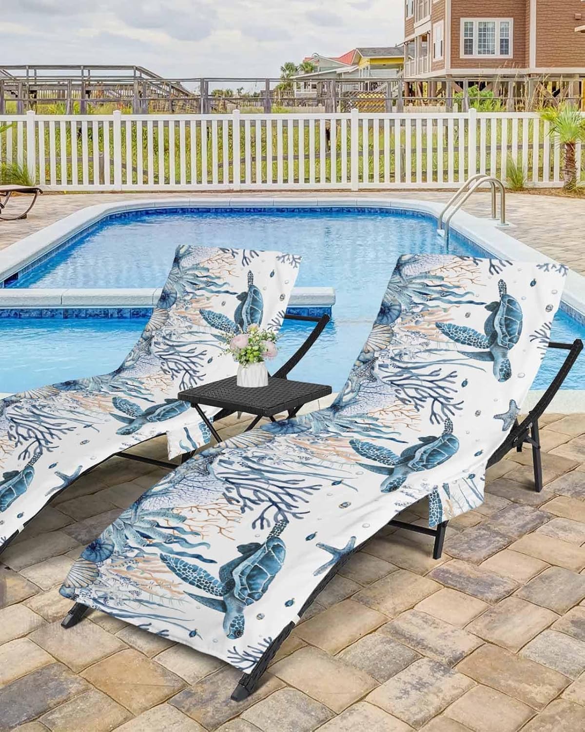 Blue Sea Turtle Beach Chair Cover, Outdoor Chaise Lounge Cover for Patio Pool, Coastal Ocean Beach Coral Nautical Shell Beach Chair Towel Microfiber Lounge Chair Towel Covers with Side Pockets