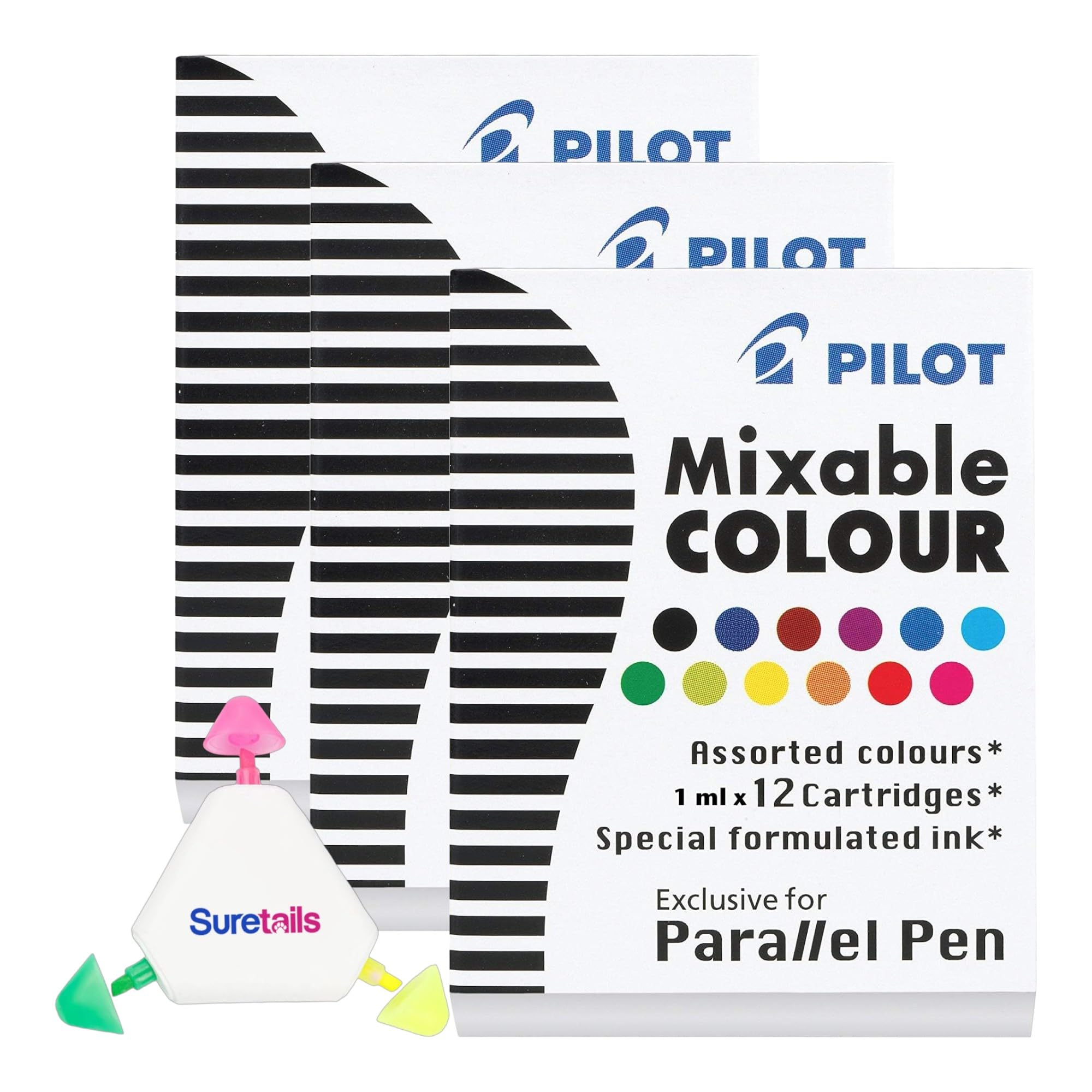 Suretails Parallel Mixable Color Ink Pen Refills, 0.915 Oz, Bundled Multicolor Highlighter - Ink For Calligraphy Pens, 12 Assorted Colors Pack, Vibrant, Blendable Shades [Pack Of 3]