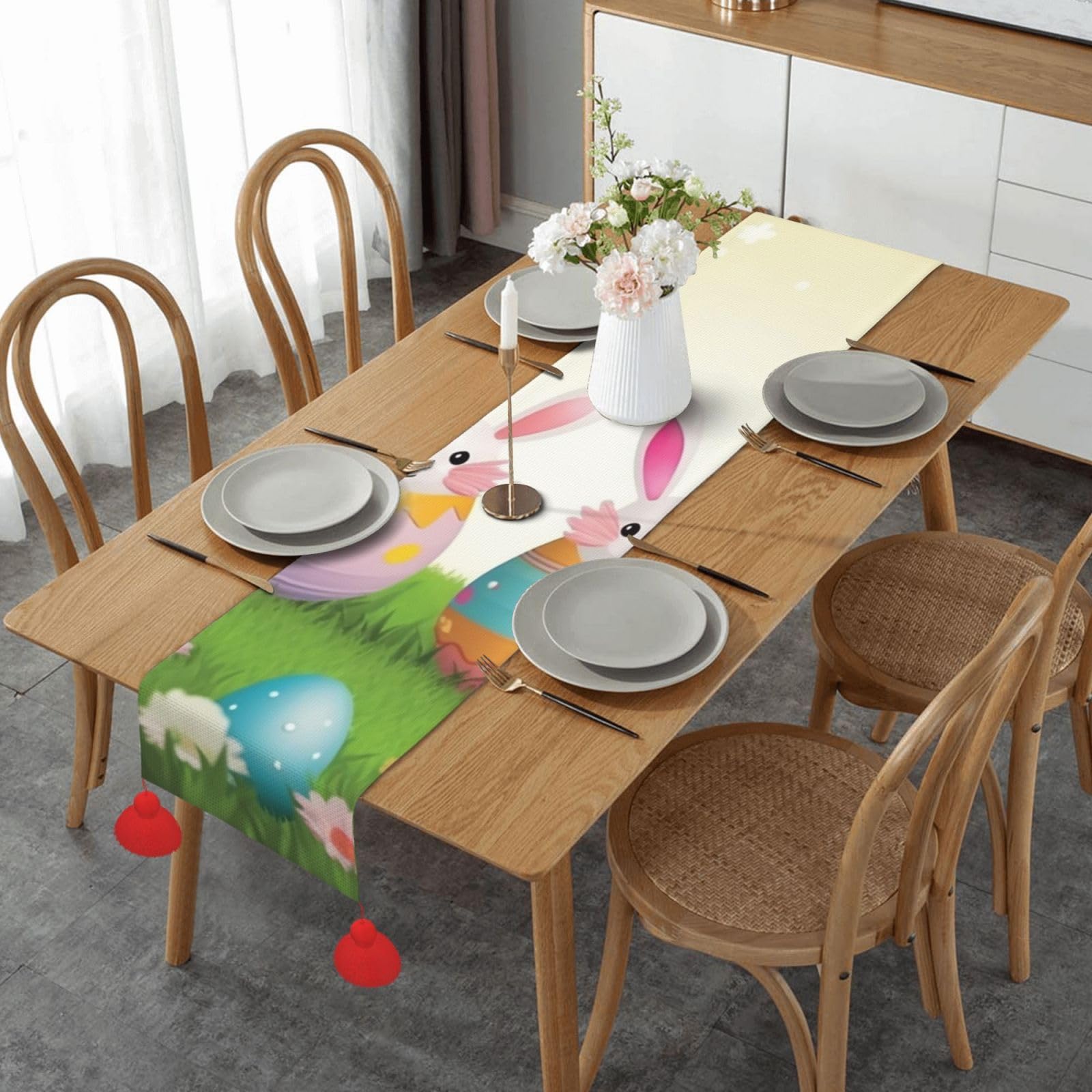 Chemin de table en lin Happy Easter décor rustique de Pâques 35x152 cm