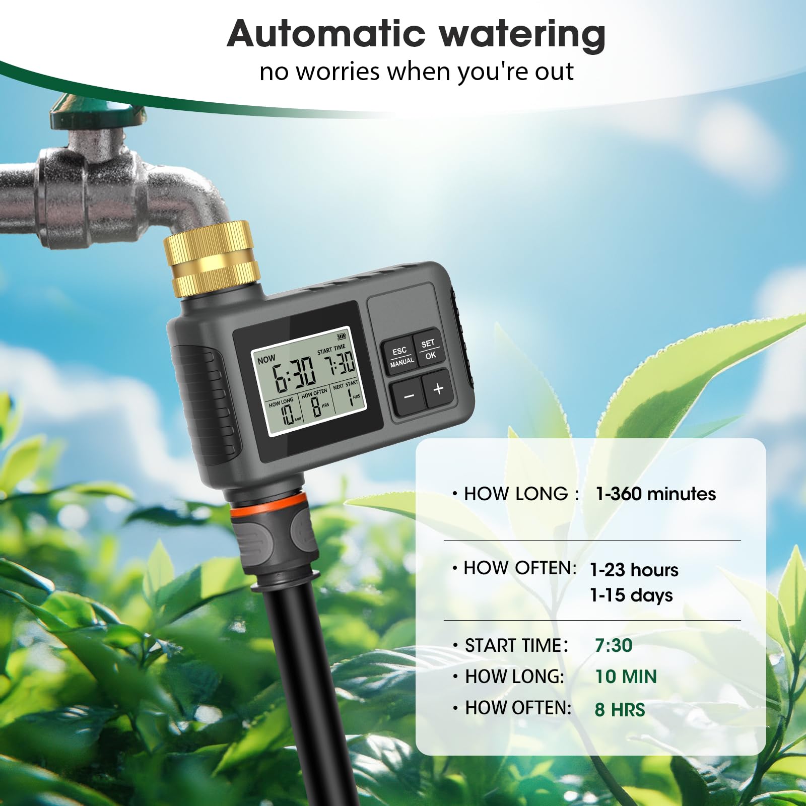 RIOGOO Gartenschlauch-Wasserhahn-Timer, programmierbarer Sprinkler-Timer mit Regenverzögerung (1 Outlet Water Timer)