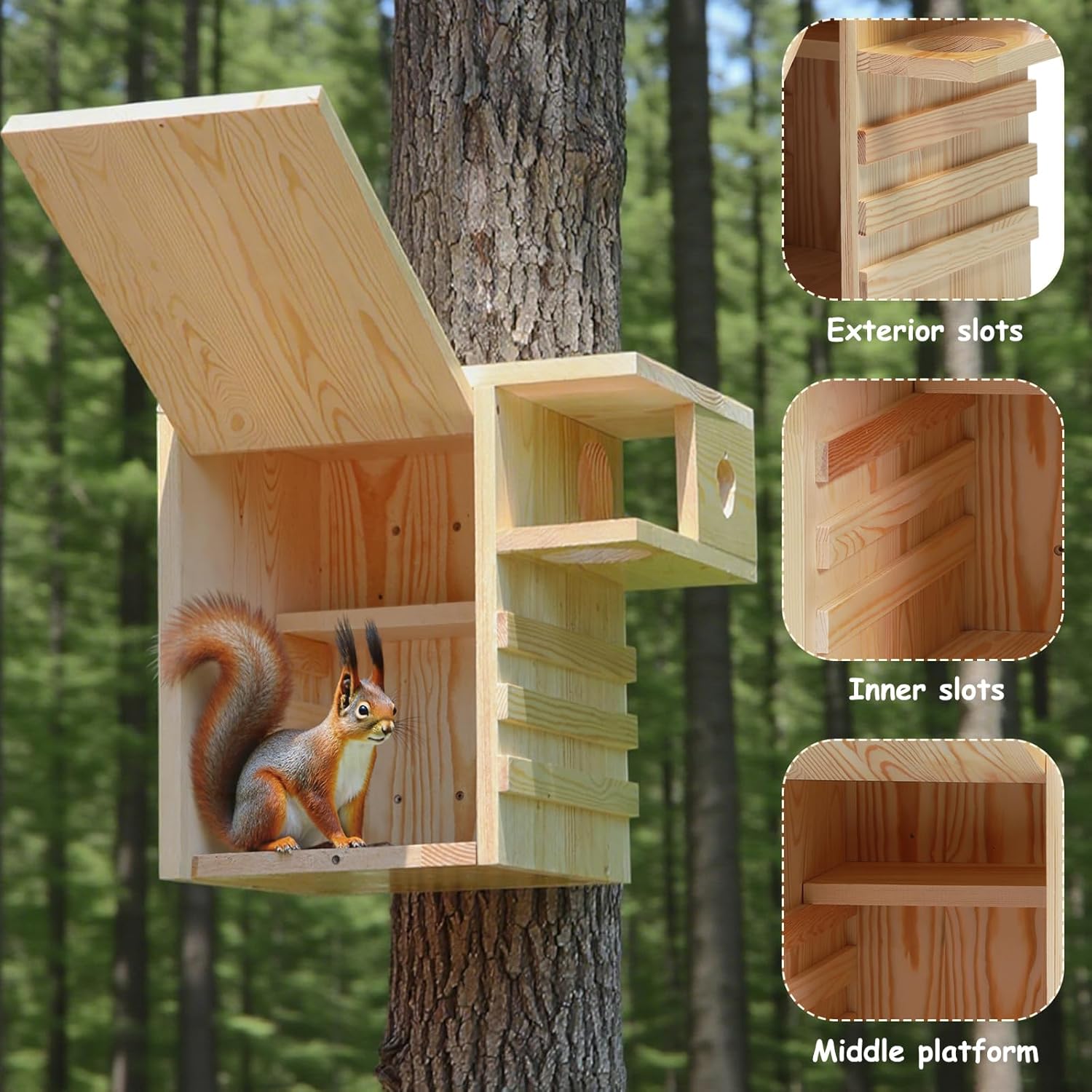 Large Squirrel House for Outside - INRLKIT Extra Large Squirrel Boxes for Outside with Exterior Porch, Wooden Squirrel Nesting Box for Chipmunks and Small Animals, Easy Assemble