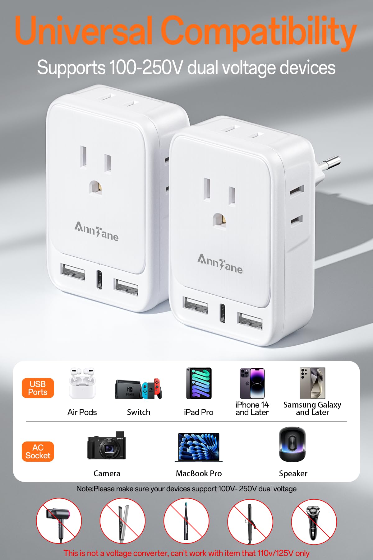 AnnTane Adattatore europeo con USB C, adattatore da viaggio universale con 4 adattatori di alimentazione e 3 USB, Travel Essentials Adapter Americano/Messico in Italia, Germania, bianco (confezione da