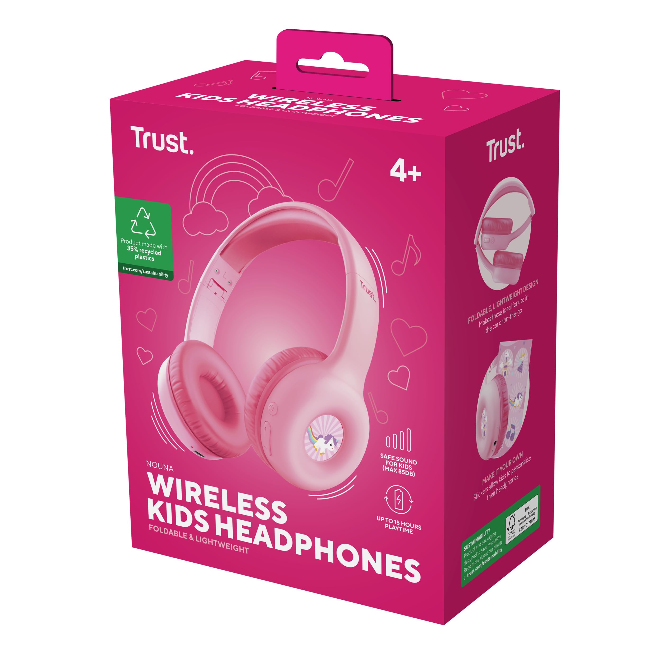 Trust Nouna Cuffie Bluetooth per Bambina 4-10 Anni con Limitazione del Volume (85dB), Cuffie On Ear Pieghevoli con Microfono e Adesivi, Cuffie Wireless, 15h di Riproduzione per Musica, Rosa