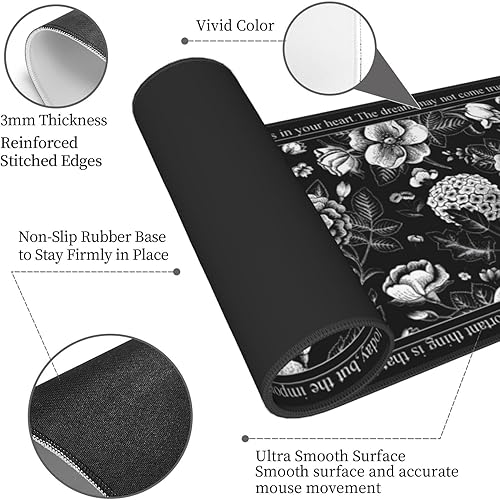 Miniatura 4 de Alfombrilla de mouse vintage con diseño de rosas blancas y negras de 11.8 x 31.5 pulgadas, accesorios de escritorio, base de goma antideslizante