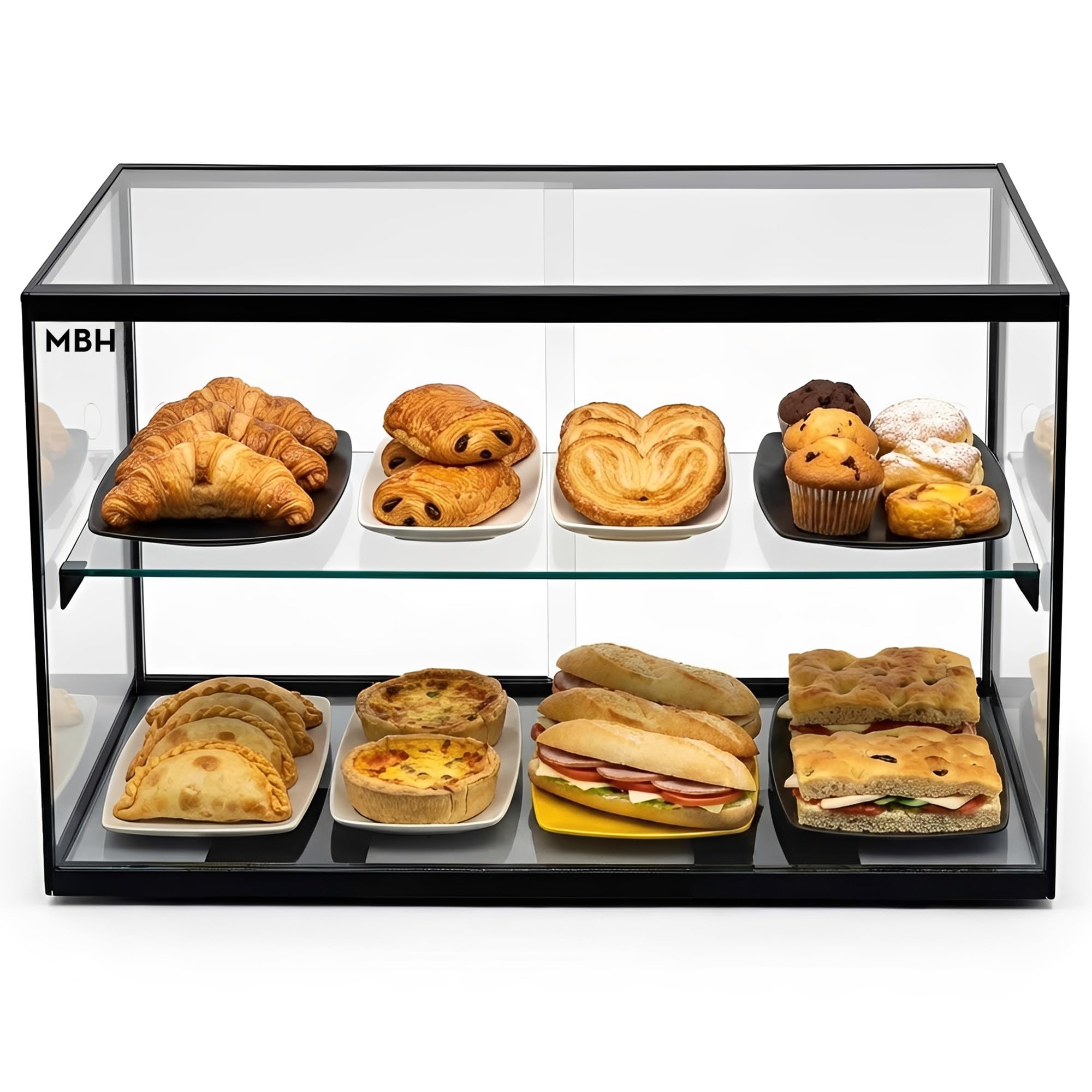 MBH - Vetrina neutra da banco 55x39 cm, vetro diritto temperato, 2 ripiani, senza illuminazione LED, porte posteriori scorrevoli, per bar, caffetteria, ristorante, brioche e pasticceria.
