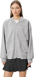 كوتون قميص بغطاء راس كبير الحجم بجيوب بسوستة من جلد الشمواه الصناعي للنساء (عبوة من قطعة واحدة)