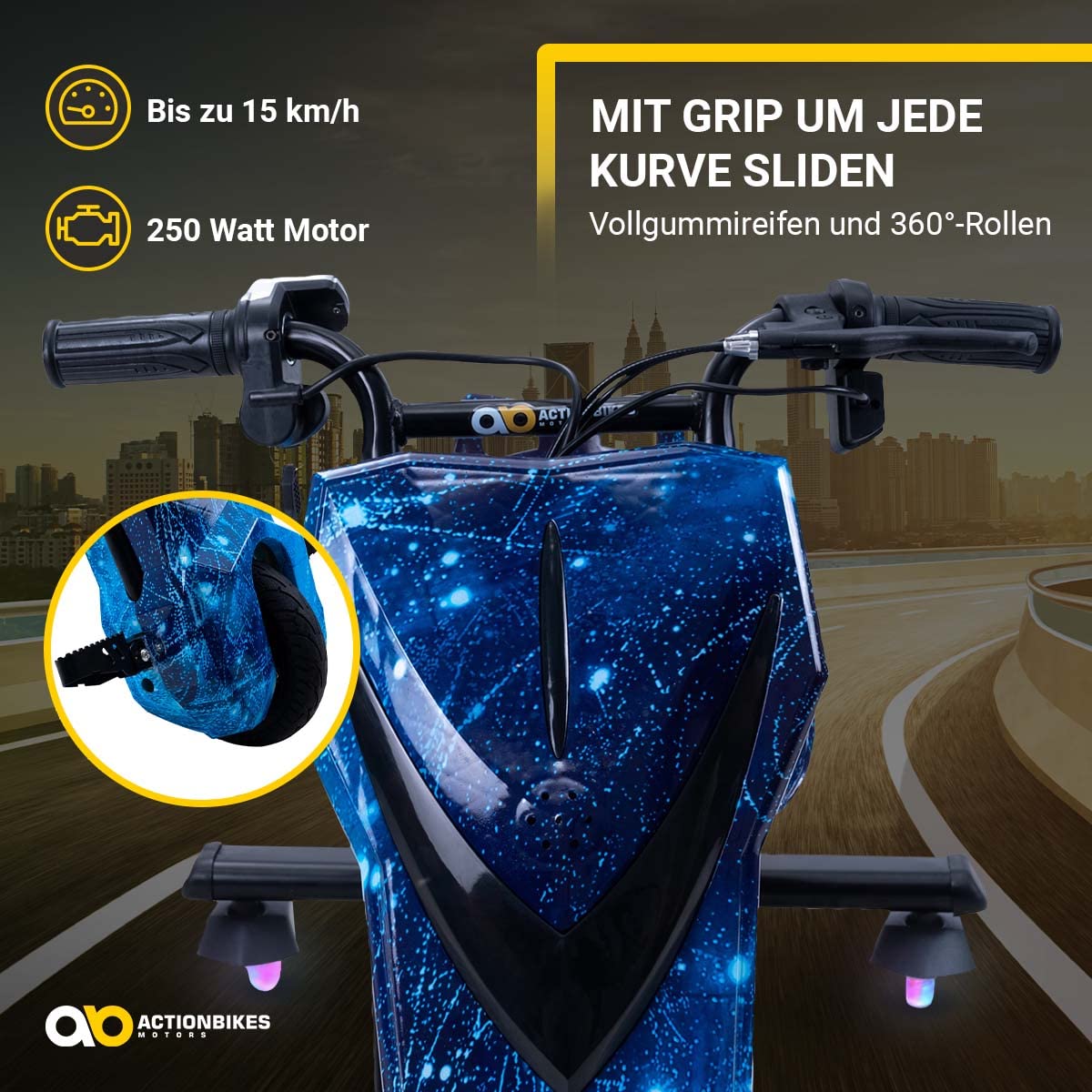 Actionbikes Motors Drift Scooter per Bambini 360 Gradi - Motore Elettrico da 250 Watt - 3 Livelli di Velocità - Illuminazione LED - Sedile Regolabile (Space Blue)