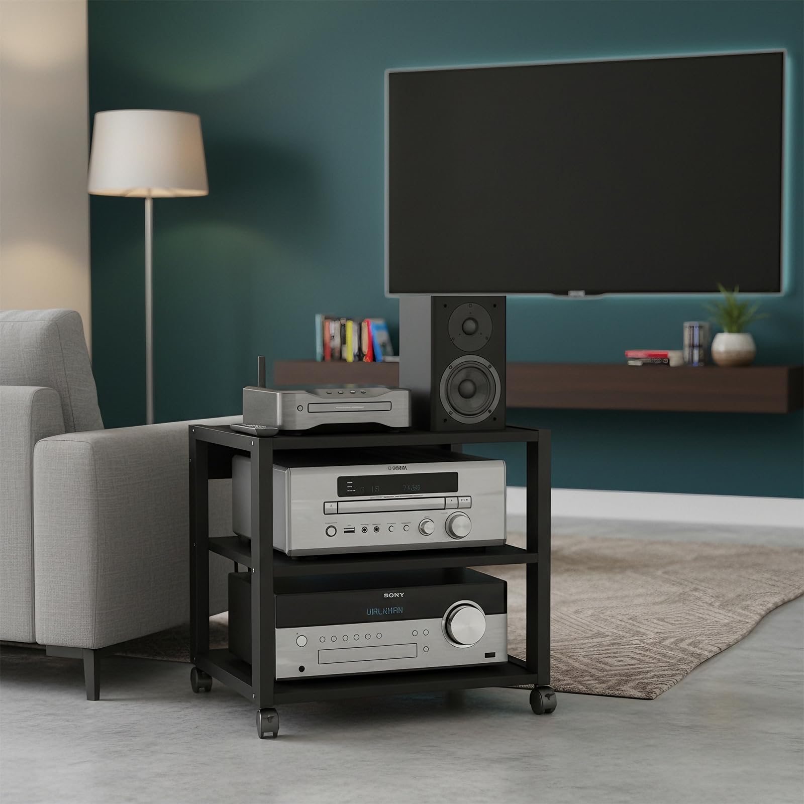 Phonoschrank auf Rollen, Plattenspieler Regal mit 3 Ablagen für Schallplatten, Kompakter HiFi Schrank für Wohnzimmer und Büro, Schwarz, 50x40x48.5cm
