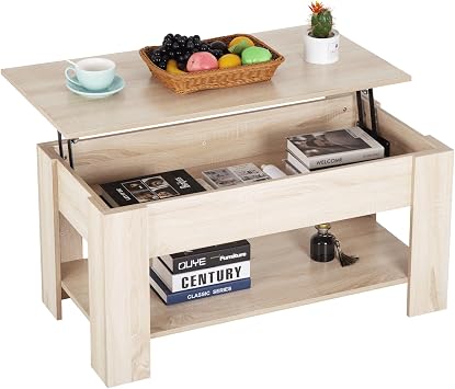 Lift Top Coffee Table w/Hidden Compartment and Storage Shelf,Retro Wooden Lift Tabletop Dining Table Multifunctional Wooden Working Table for Living Room Office Reception Room,39.4in L,Natural