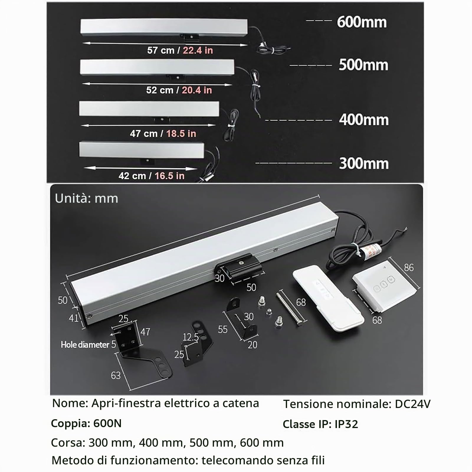 Attuatore Elettrico per Apertura Finestre 24V (Corsa 300-1000mm), Apri Finestre A Catena A Basso Rumore 600n, con Sensore Pioggia + Telecomando + Interruttore, per Lucernari/Sfiati sul Tetto,400mm