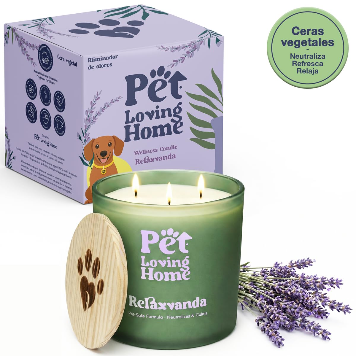 Vela Aromática Relaxvanda 350 g - Aroma Lavanda - Neutraliza Olores - Cera Vegetal Soja y Coco - 3 Mechas - 60h Duración - Diseñada para Hogares con Mascotas