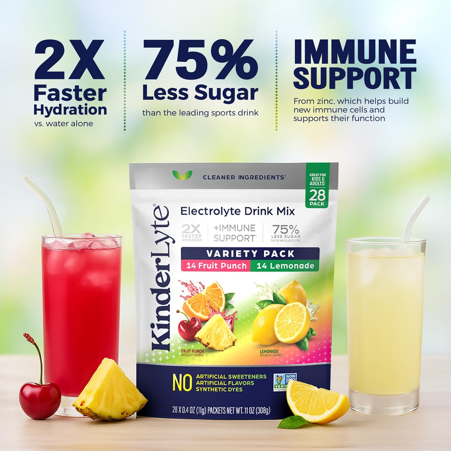 Kinderlyte Electrolyte Powder for Kids and Adults - Variety Pack Drink Mix Hydration Packets 28 Count, No Artificial Sweeteners or Flavors, No Synthetic Dyes, Vegan, Non-GMO, Gluten-Free