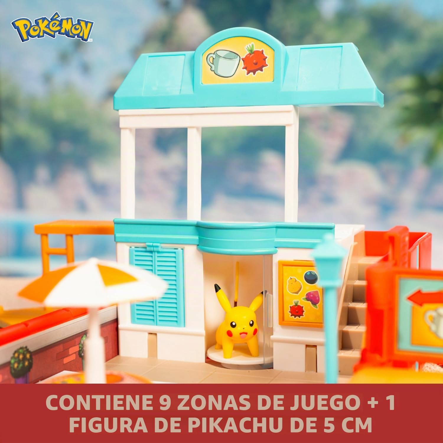 Bandai – Pokémon – Mochila de entrenador de playa – Universo de juego Pokémon con minijuegos – Bolsa que se transforma en zona de juego de playa – Figura Pikachu incluida – Estuche de juguete infantil
