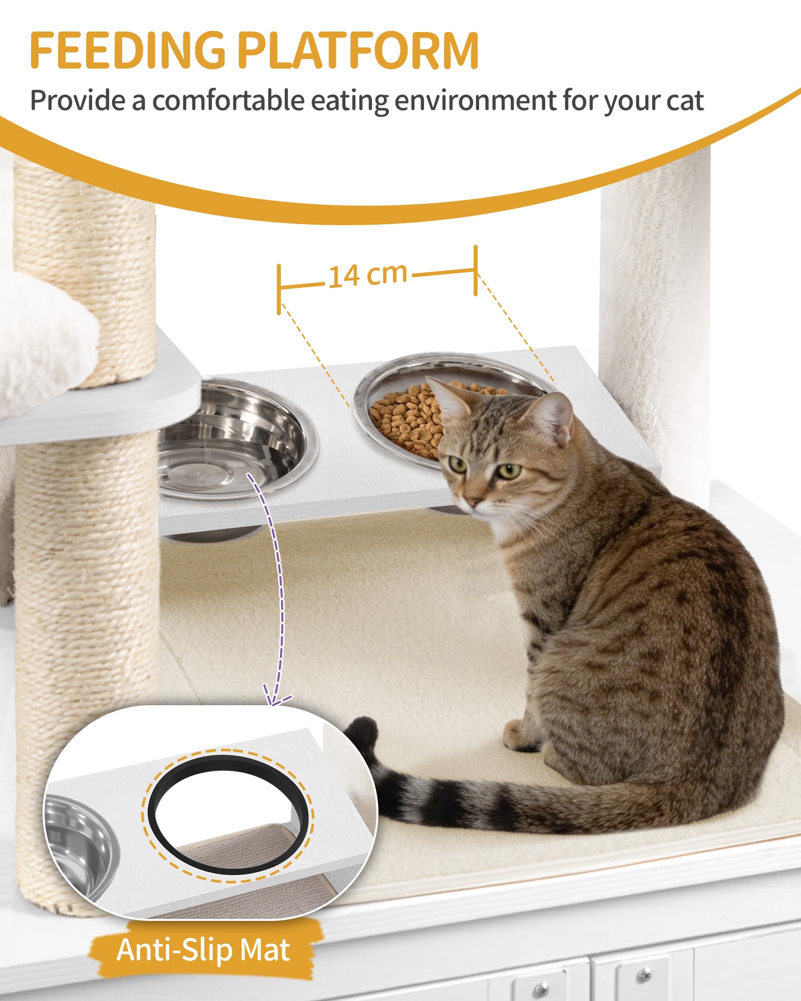 Hzuaneri Mobile Lettiera per Gatti, Albero Tiragraffi per con Ciotole, Condominio per Gatti Multilivello 173 cm, Amaca, Cuscino in Peluche Removibile e Lavabile, Bianco CB89013WT