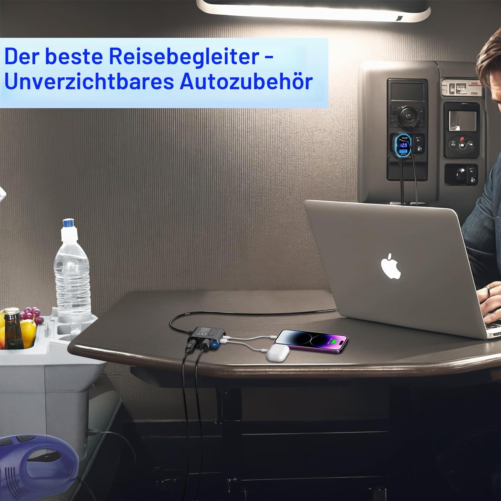 PD65W KFZ Verteiler auf Laptop: 200W Auto Zigarettenanzünder Adapter 12V Dual USB C Ladegerät 2 Mehrfach Steckdose 12 Volt DC Stecker Splitter mit LED Voltmeter für iPhone Sitzheizung GPS Kamera Navi