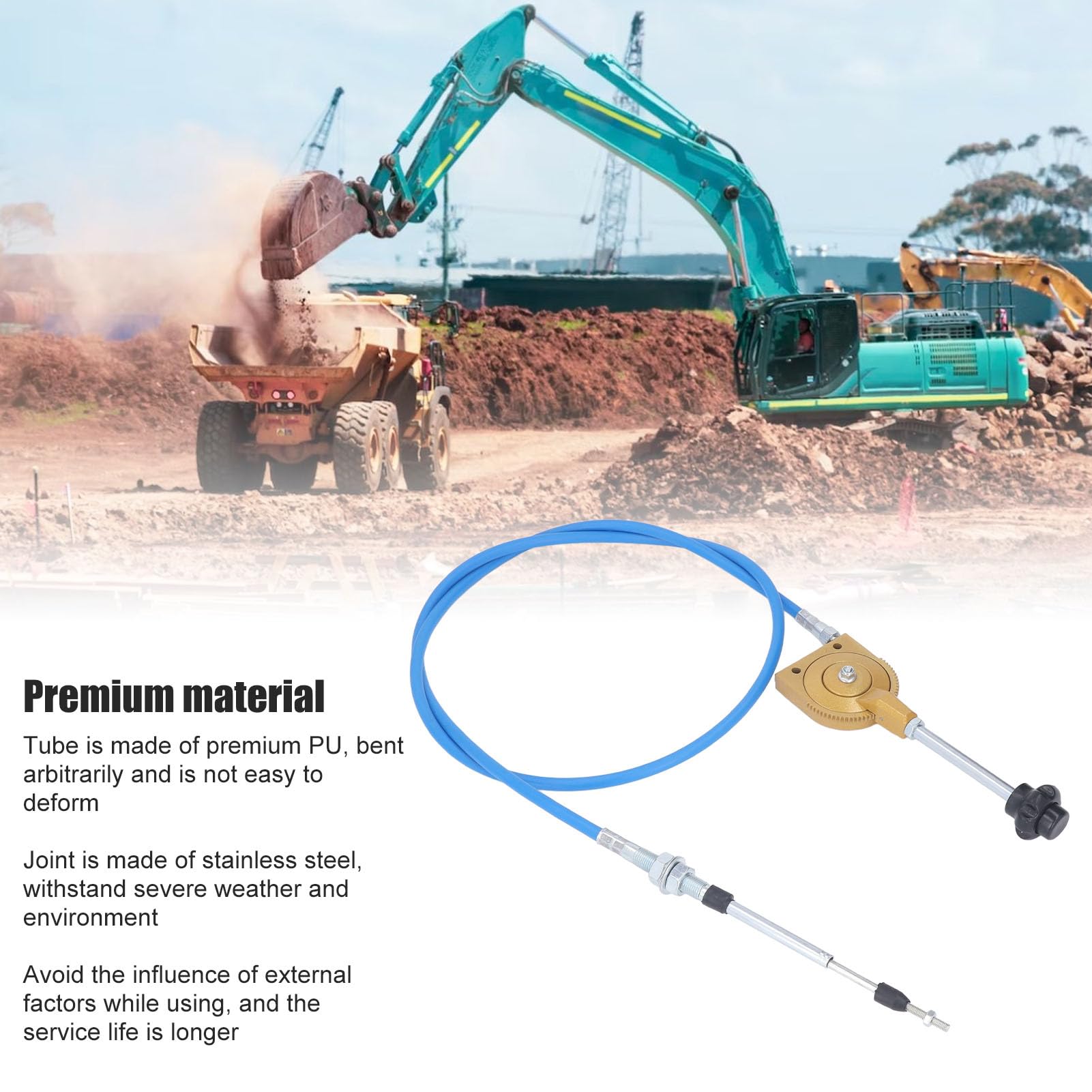 Yctze Cable de Acelerador Manual para Excavadora, 5 M/16,4 Pies, Cable de Control del Acelerador de Respuesta Rápida, Camión Mezclador y Maquinaria Pesada, Conector de PU y Acero Inoxidable,